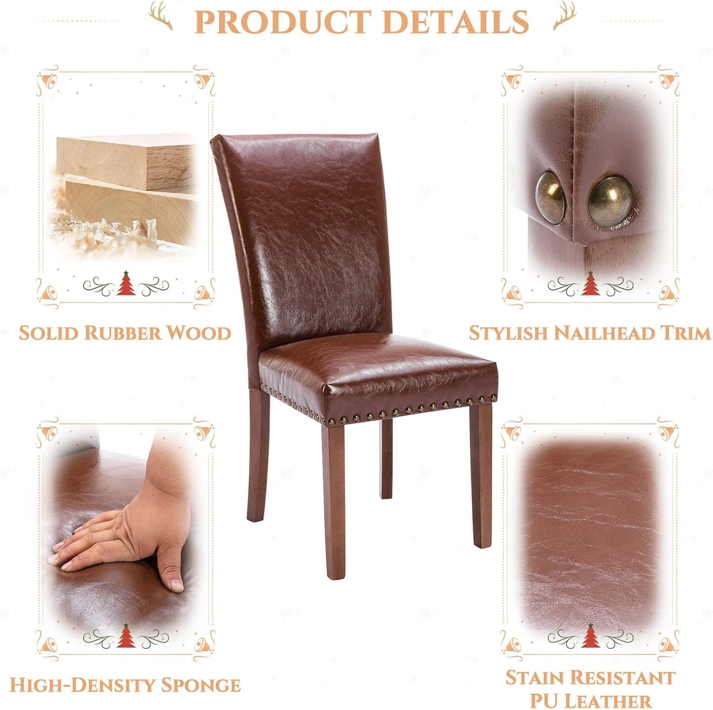 Parsons Dining Chairs Set of 2, Upholstered Nailhead PU Leather Dining Room Kitchen Side Chair with Thick Cushions and Wood Legs, Light Brown