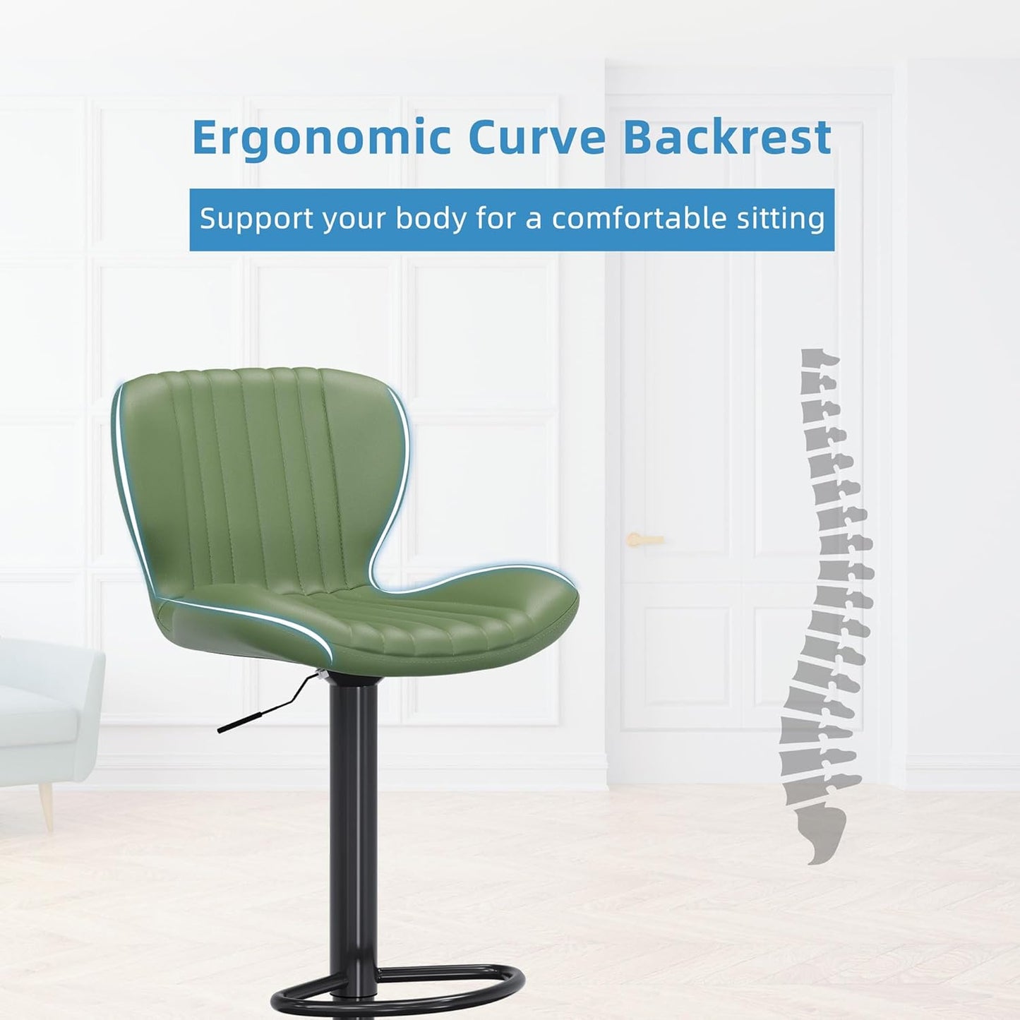 Shintenchi Bar Stools Set of 2 Modern Swivel Bar Chairs, Counter Height Faux Leather Metal Barstools, Upholstered Island Chairs with Back and Footrest, Green