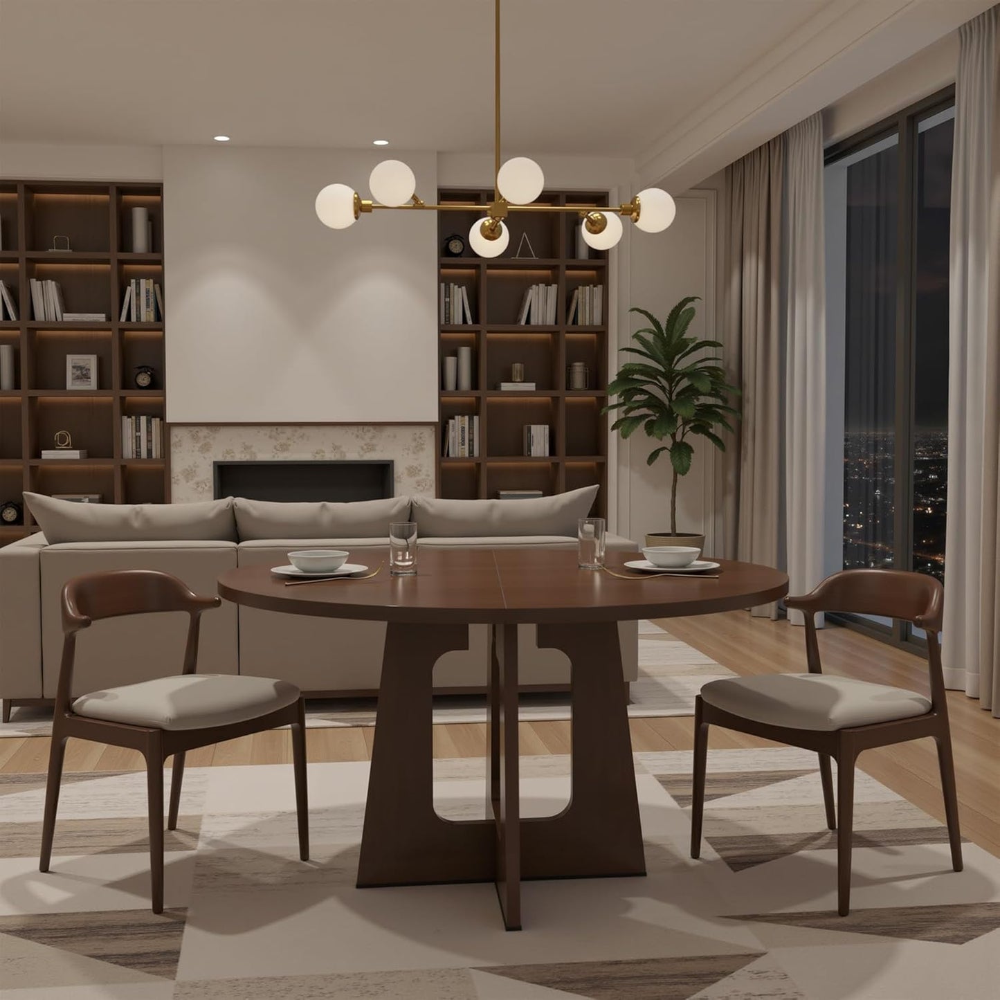 47" Round Dining Table for 4-6, Modern Small Dinner Table Farmhouse Round Kitchen Tables with Wood Grain Finish for Dining Room, Kitchen, Living Room, Walnut Brown