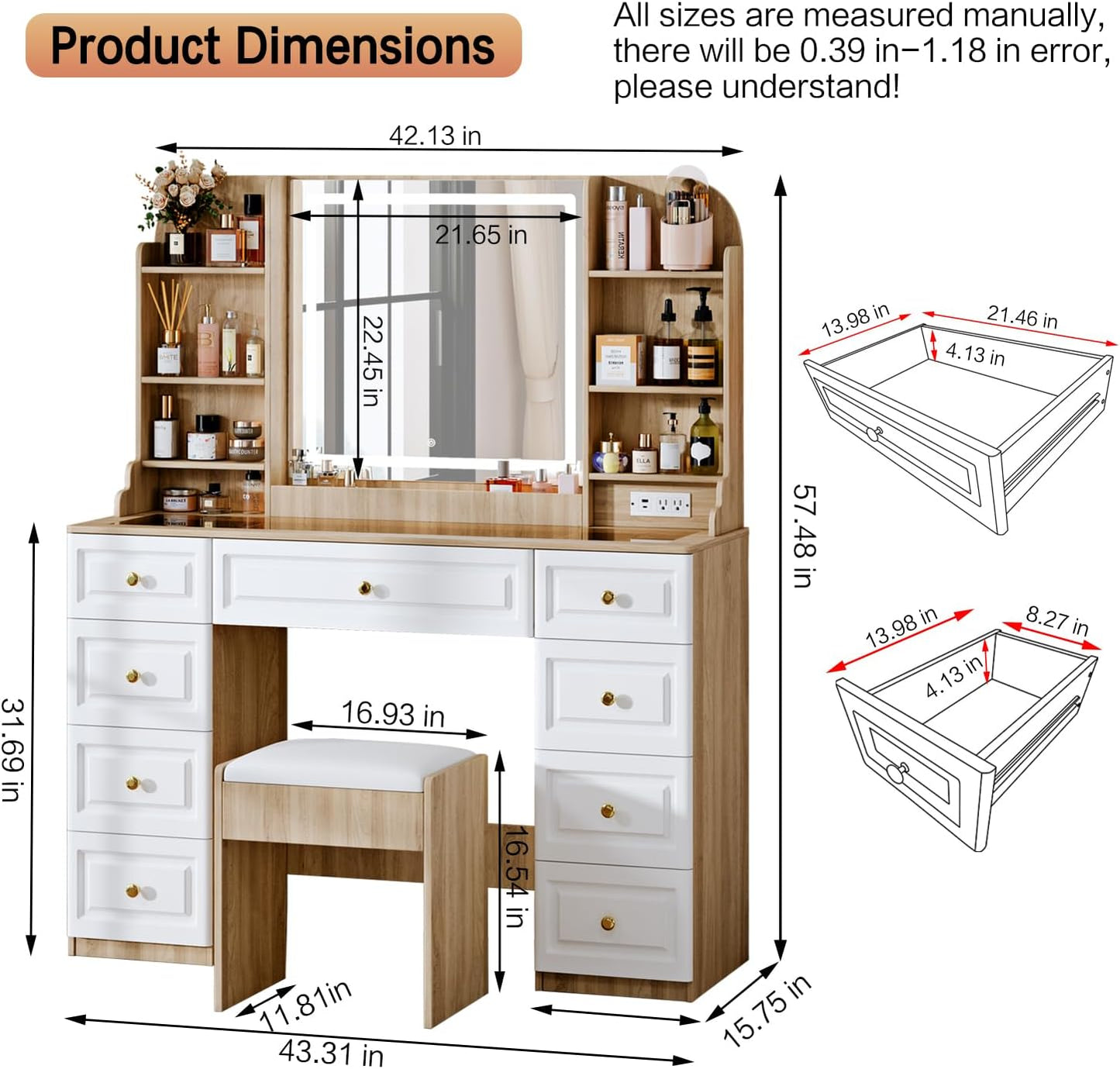 43" Makeup Vanity Desk with Mirror and Lights, & Power Outl, Glass Top Big Vanity Table with 9 Drawers& 8 Storage Shelves, Dressing Table Set with Chair for Bedroom, White+Oak