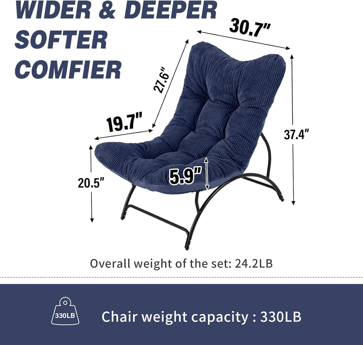 Welnow Accent Lounge Lazy Chair, Comfy Soft Leisure Metal Frame Reading Chair, Upholstered Thick Cushion Seated Recliner Sofa for Living Room, Bedroom, Dorm, Navy