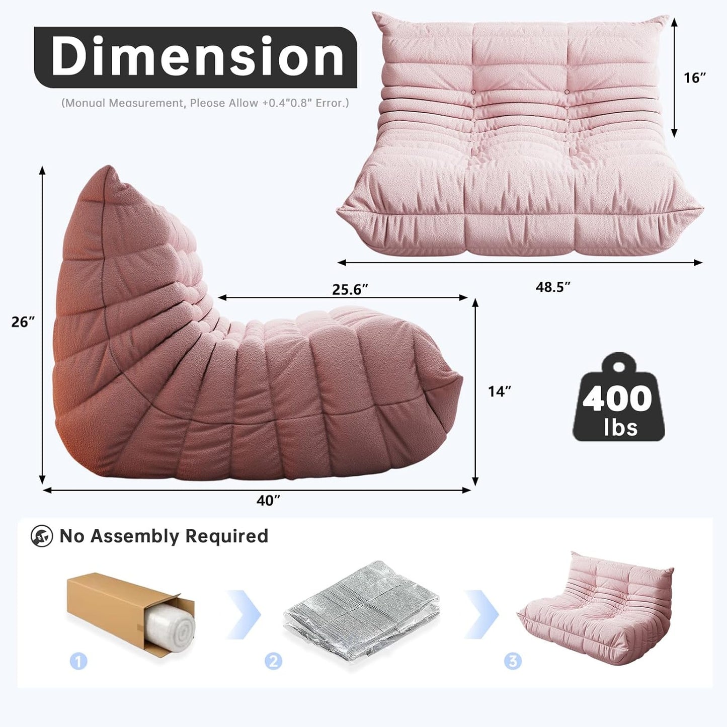 Bean Bag Chairs for Adults, Memory Foam Couch Loveseat Sofa Chair, Soft Teddy Material Cozy Comfy Reading Nook Chairs, Floor Chair for Living Room Bedroom Office(Pink)