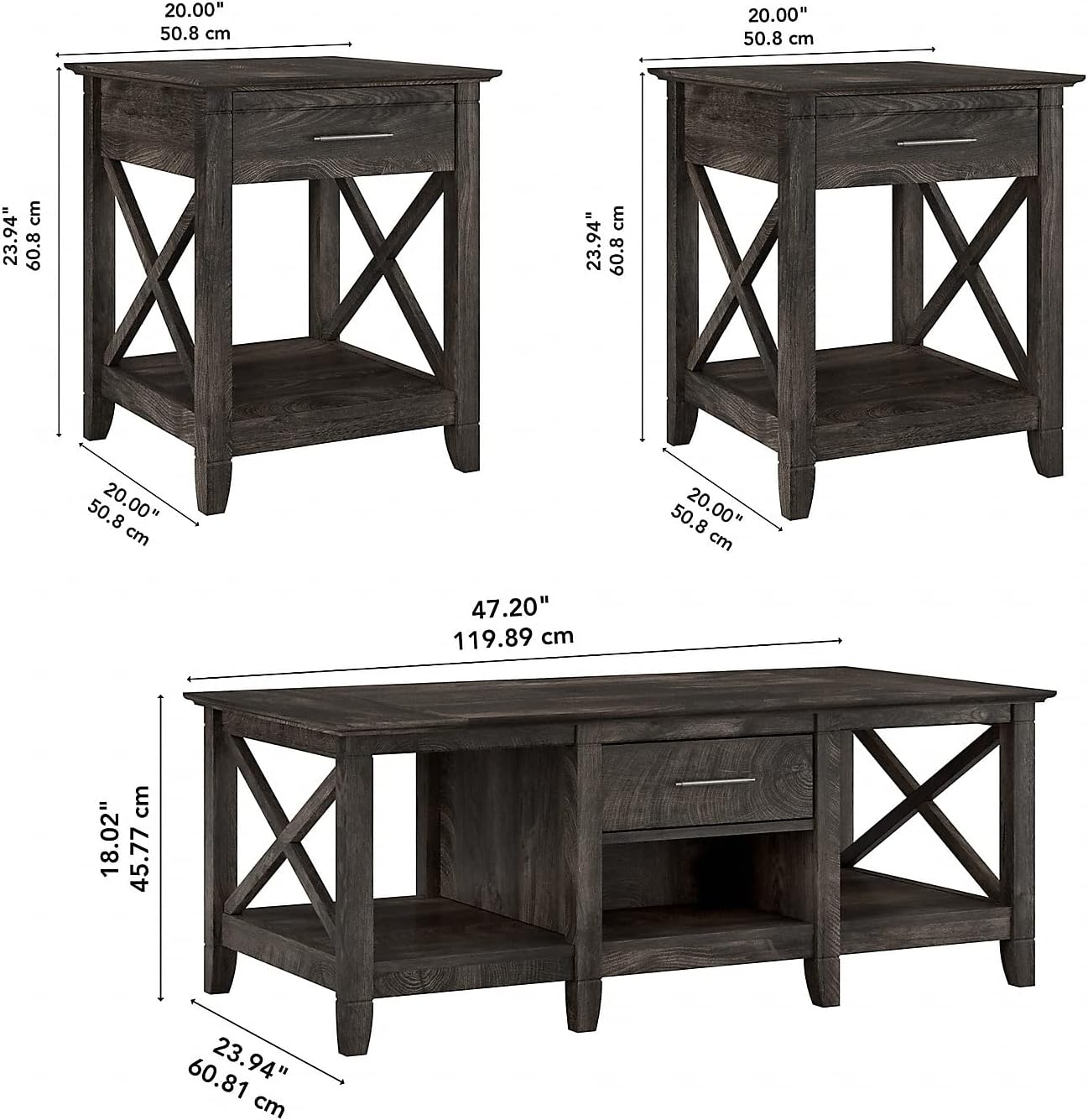 Bush Furniture Key West Coffee Table with Set of 2 End Tables in Dark Gray Hickory