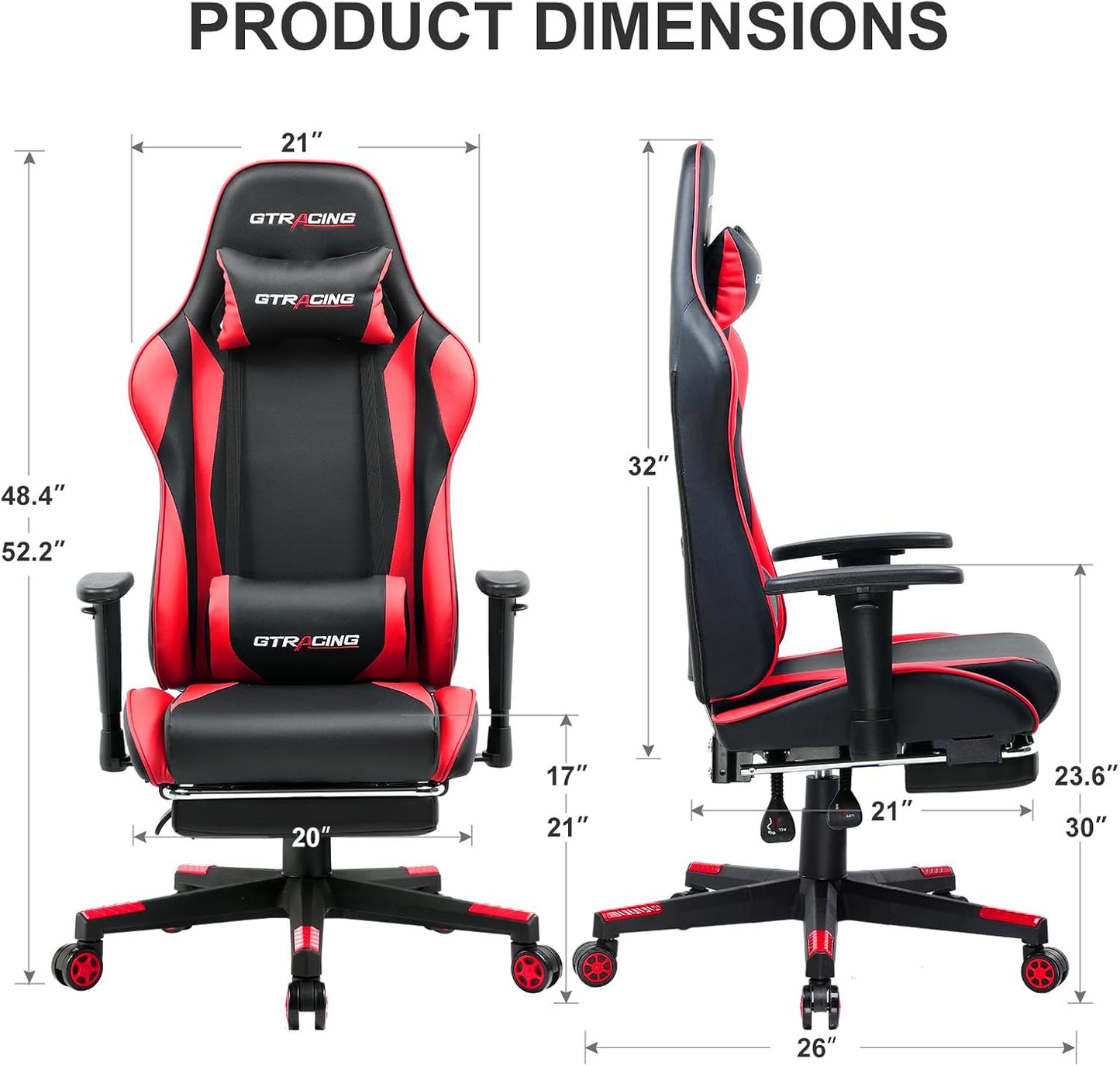 GTRACING Gaming Chair with Footrest, Ergonomic Computer Game Desk Chair, Reclining Gamer Chair Seat Height Adjustment, Swivel Rocker with Headrest and Lumbar (Brickred)