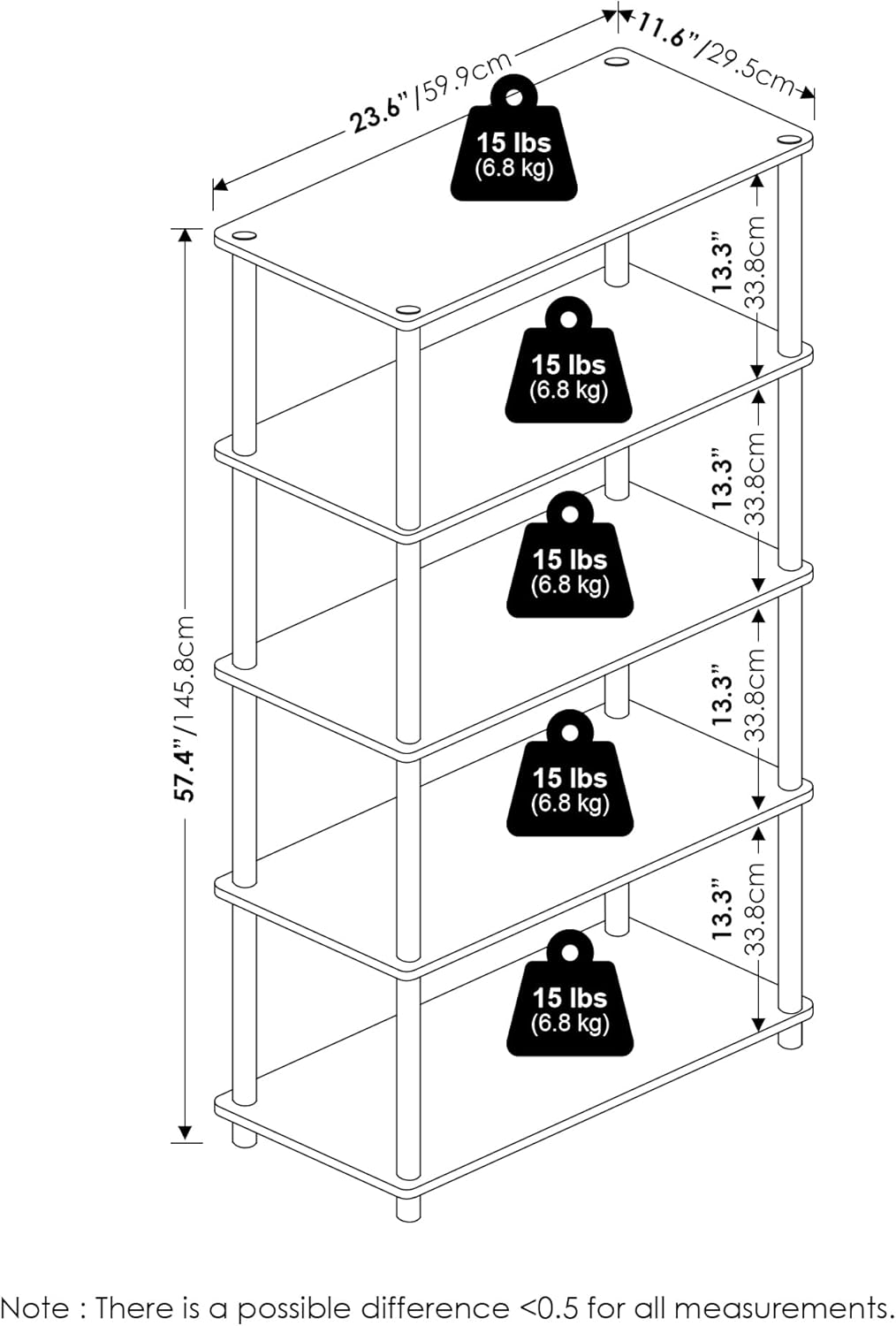 Furinno Turn-N-Tube 5-Tier Multipurpose Shelf Display Rack, White/White