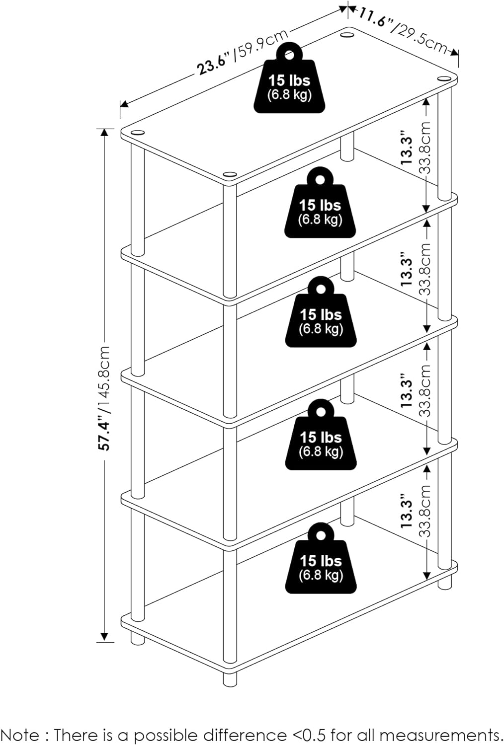 Furinno Turn-N-Tube 5-Tier Multipurpose Shelf Display Rack, Amber Pine/Black