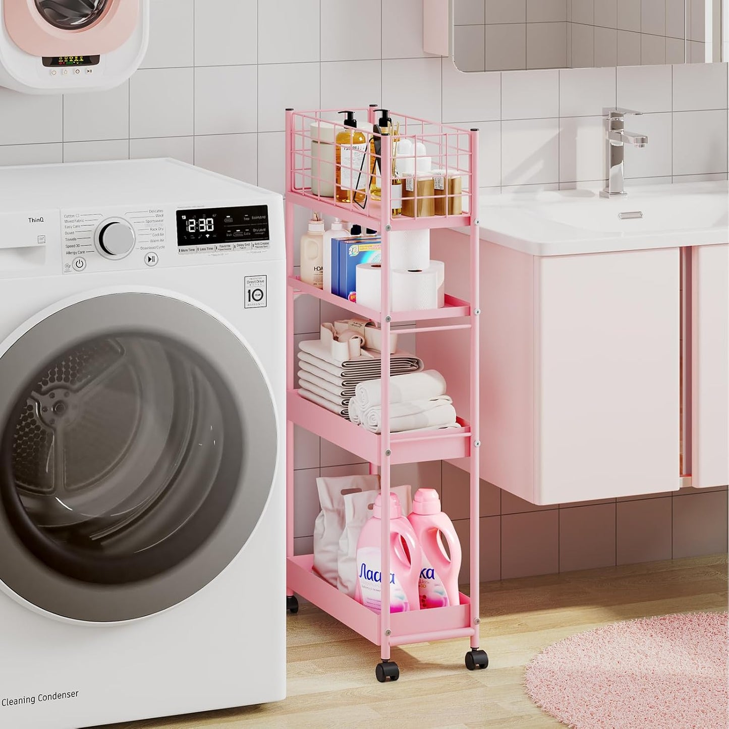 KINGRACK Slim Storage Cart, 4-Tier Metal Utility Rolling Cart with Wheels,Bathroom Organizer, Skinny Rolling Trolley, Mobile Shelving Unit for Office, Laundry Room, Narrow Place,Pink