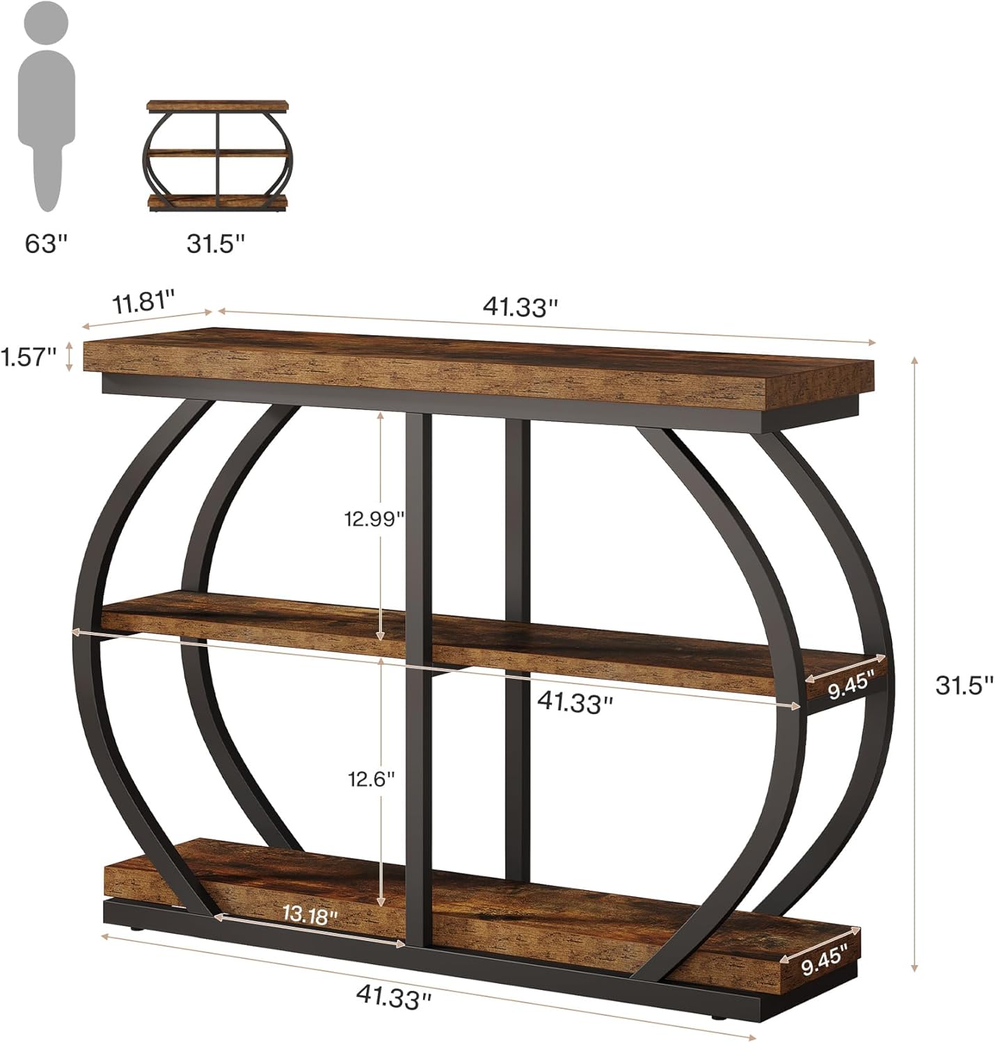 Tribesigns 41.3" Console Table, Industrial 3-Tier Entryway Table with Arched Metal Frame and Storage Shelves for Living Room, Hallway, Rustic Brown