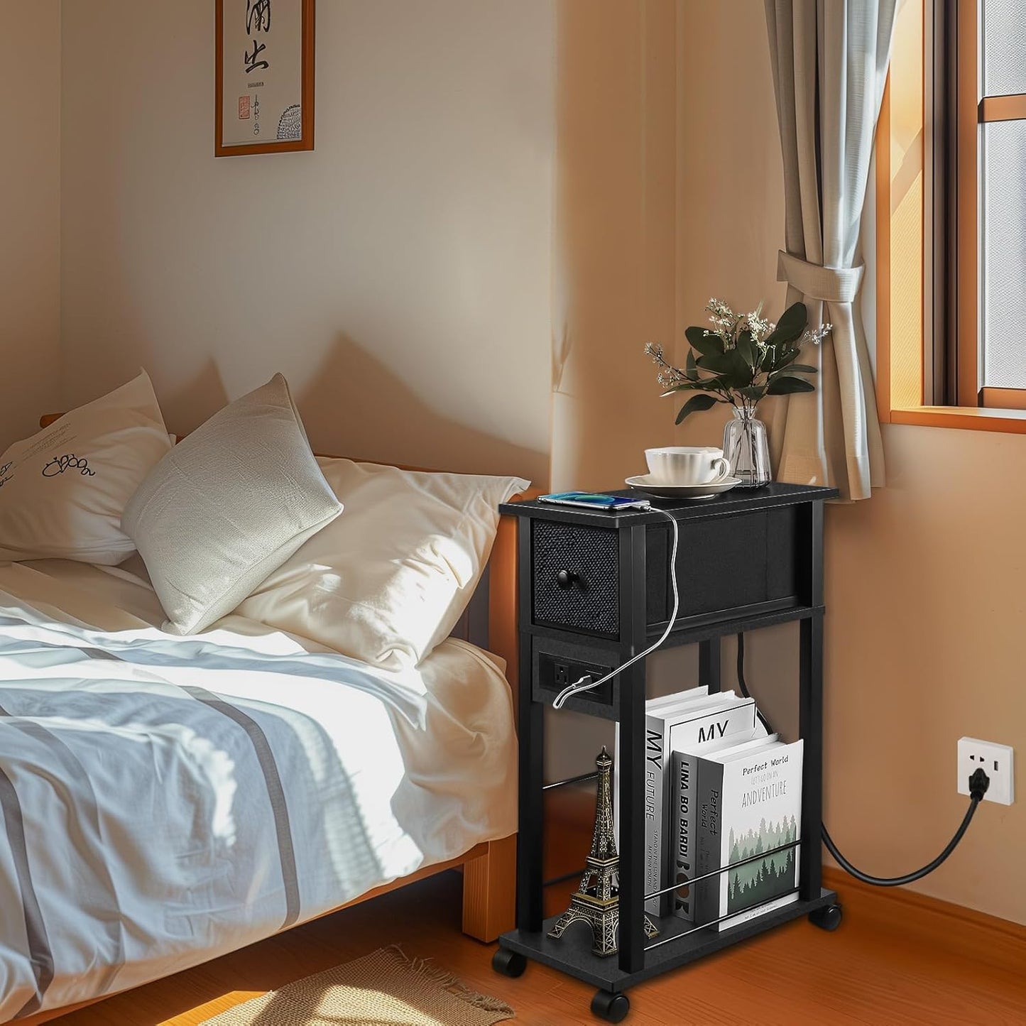 Side Table with Charging Station and Drawer, Narrow End Table with USB Ports and Outlets for Small Space, Living Room, Bedroom and Office, with 4 Wheels (1, Black)