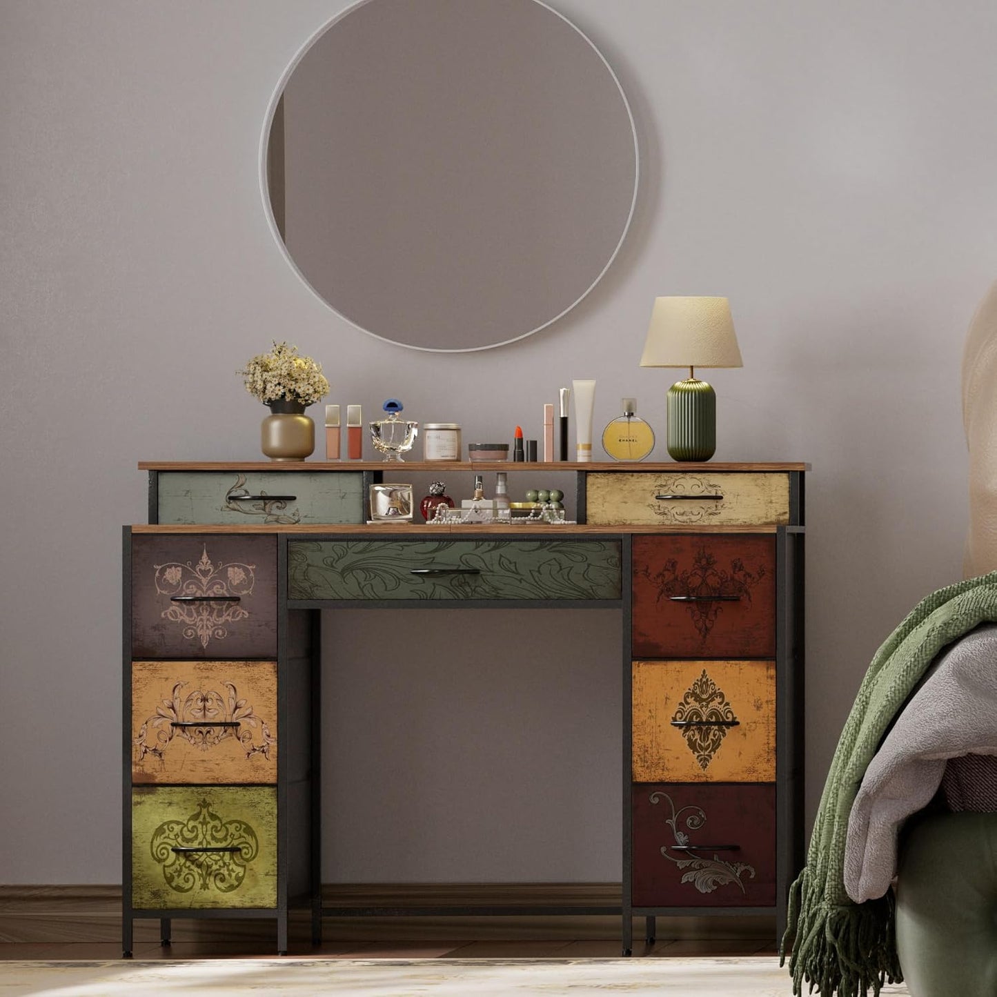 Dresser for Bedroom with 9 Drawers & 2 Open Shelves, Fabric Storage Cabinet, Chest of Drawers, Long Dresser for Closet, Wooden Top & Metal Frame, Pattern