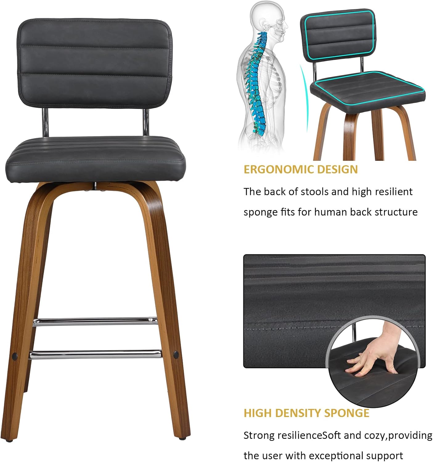 Counter Height Bar Stools Set of 2 Wood Swivel Bar Stools for Kitchen Island Modern Square Barstools with Leather Back Cushion Industrial Vintage Bar Chair Rustic Furniture for Home Pub 26 Inch Grey