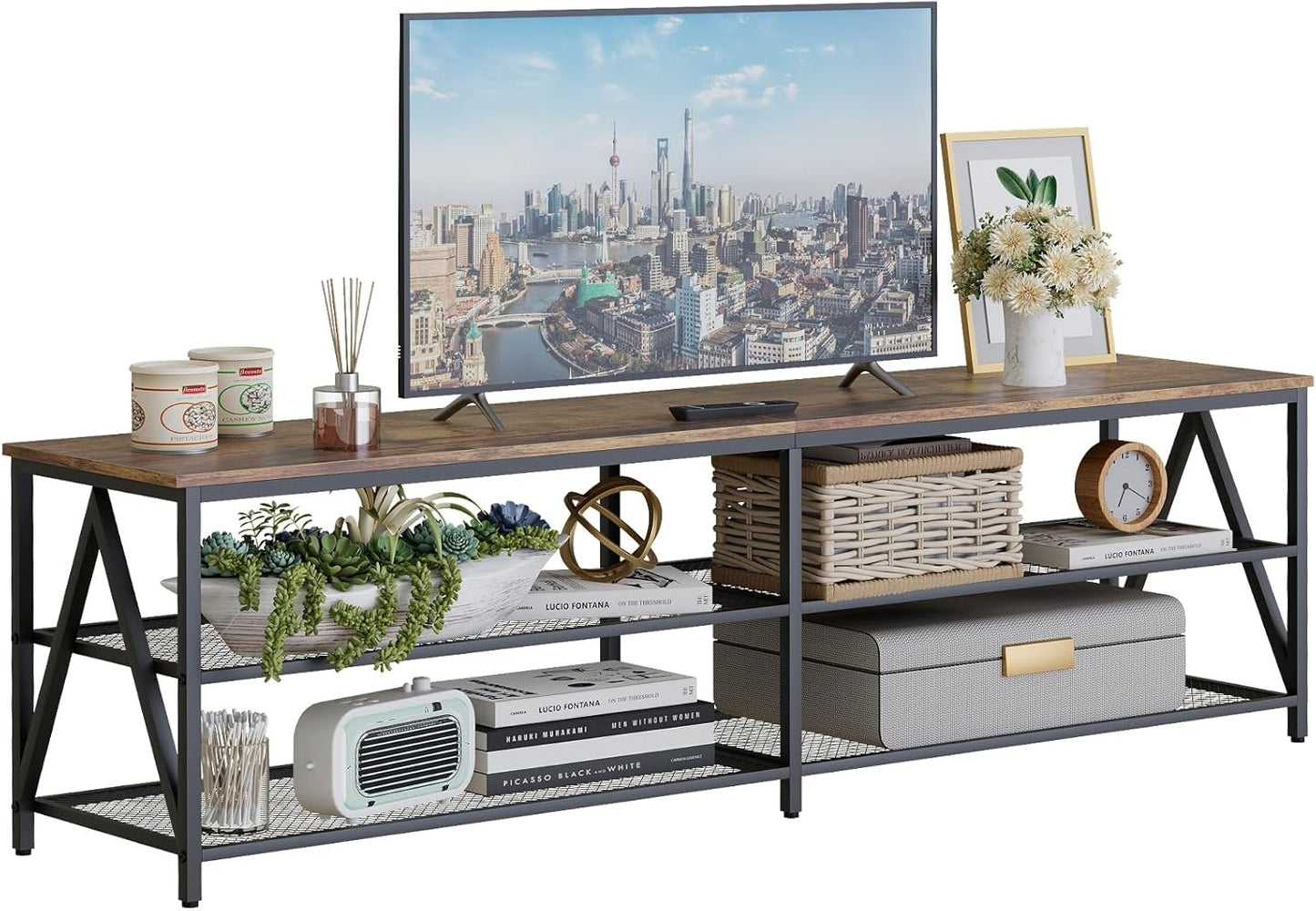 TV Stand for TVs up to 75 Inch, 70" Long Industrial TV Console Table with 3-Tier Storage Shelves, Entertainment Center for Living Room, Bedroom (Rustic Brown)