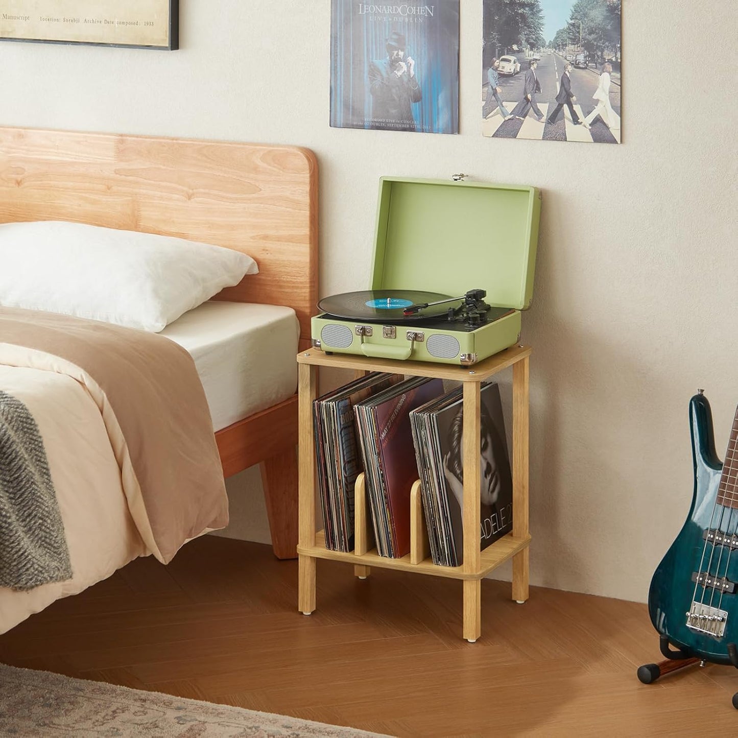 LELELINKY 2-Tier Bamboo Record Player Stand Set of 2 with Vinyl Record Storage up to 100 Albums, Boho Bedroom Record Holder and Multi-Functional End Table for Living Room, Natural