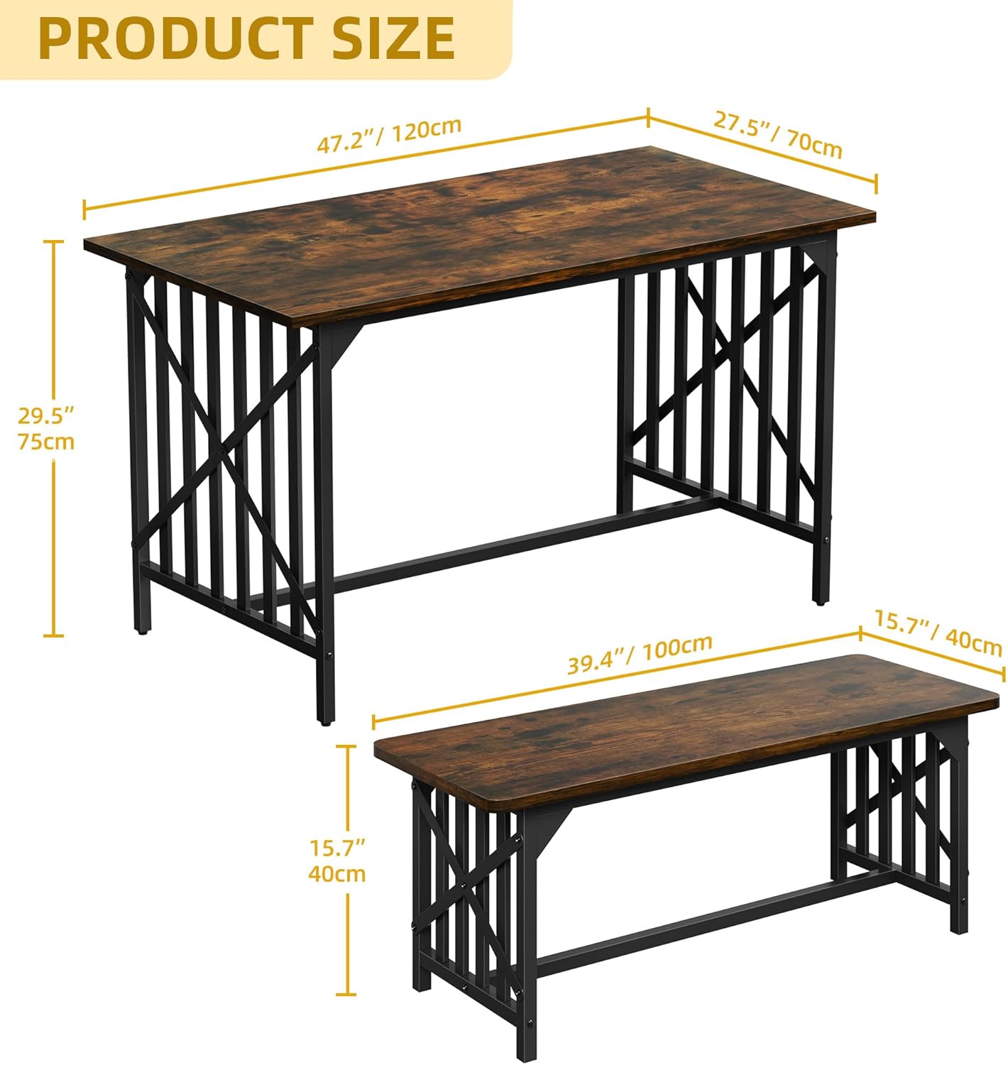 DWVO 3-Piece Kitchen Table with 2 Bench 47.2 Inch Dining Table Set for 4 People Industrial Rectangular Dining Room Furniture Set with Storage for Kitchen Rustic Brown