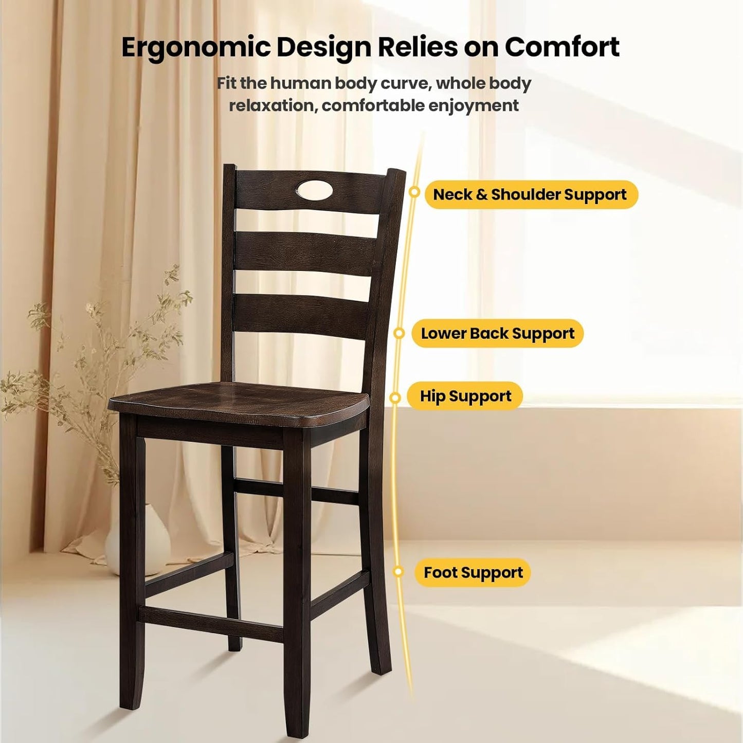 5-Piece Dining Table Set, Solid Rubber Wood Dining Room Table Set for 4, High Top Table and Chair Set for Kitchen Dining Room Restaurant Bar,Espresso