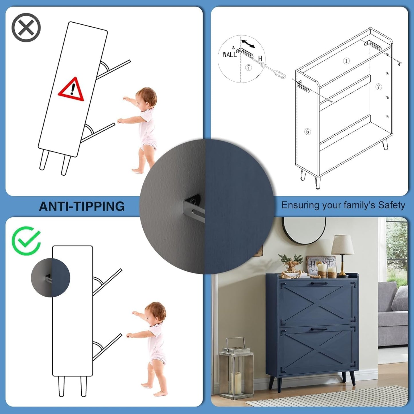 Shoe Storage Cabinet,Farmhouse Shoe Organizer with 2 Flip Drawers & Barn Door Design,Freestanding Hidden Slim Narrow Shoe Rack Cabinet for Entryway,Foyer,Hallway,Blue