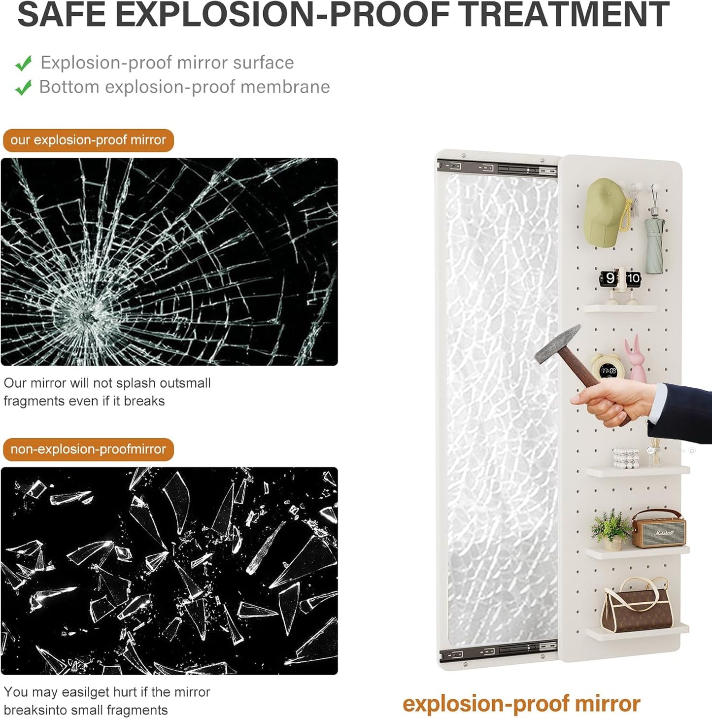 KungFuWood Full Length Mirror with Shelf and Hooks,Entry Way Mirrors for Wall,Wall Mirror with Shelf,Wall Mirror with Storage Multifunctional Design Panel,Living Room