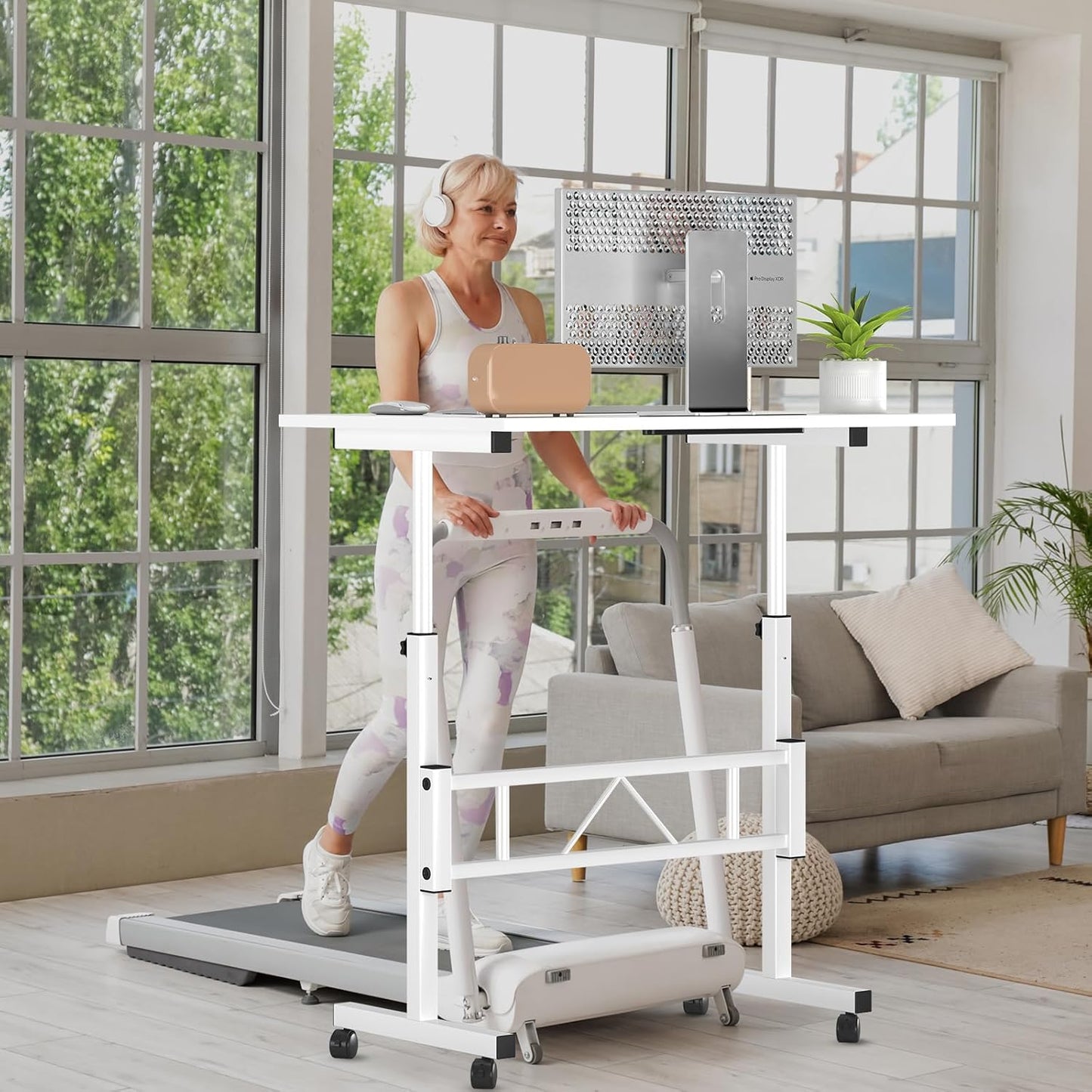 Small Standing Desk Adjustable Height, Portable Treadmill Desk, Mobile Table Ideal for Laptops and Tablets,White