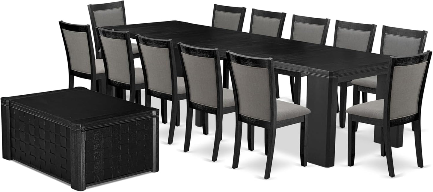 X12MZ-0C6-50 - 14-Pc Dining Room Table Set a Rectangular Table with a coffee table and 12 Dark Gotham Grey Linen Fabric Dining Chair, 39x120 Inch, Wire Brushed Black