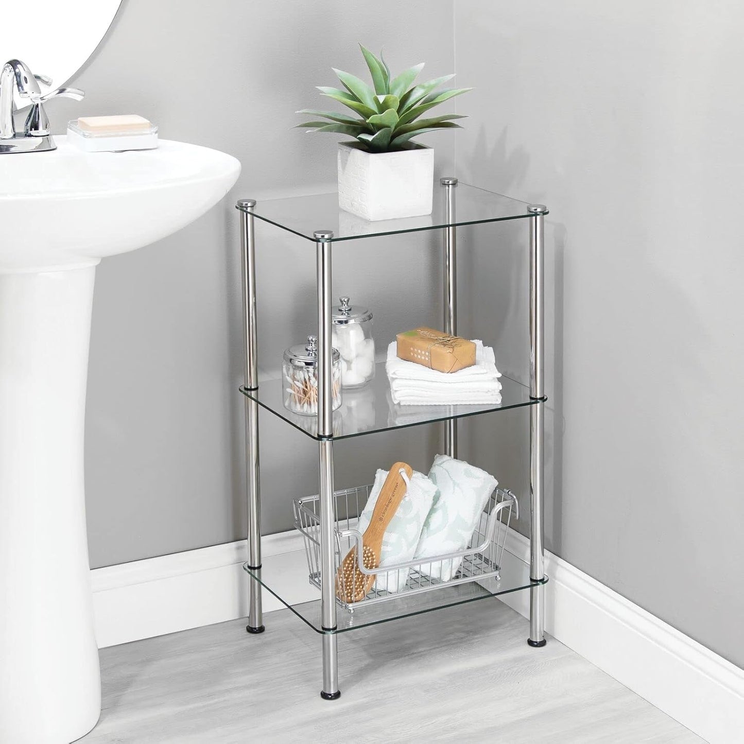 mDesign Metal/Glass 3-Tier Storage Tower, Narrow Shelving Display Unit, Open Glass Shelves; Multi-Use Stand for Living Room, Bathroom, Home Office, Hallway, Bedroom Organization - Chrome/Clear