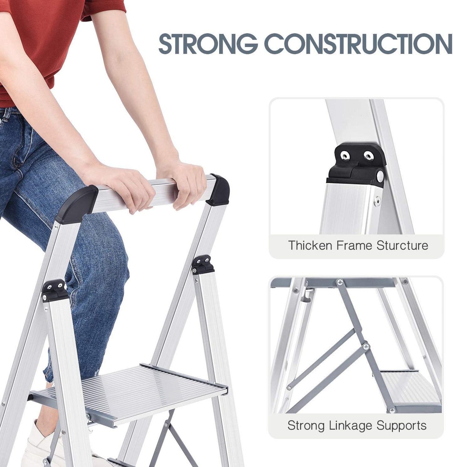 KINGRACK Aluminium 2 Step Ladder, Lightweight Step Stool with Non-Slip Pedals, Handrail, 330LBS Foldable Step Ladder for Kitchen, Garage, Home, Space Saving, Sturdy and Portable, Silver