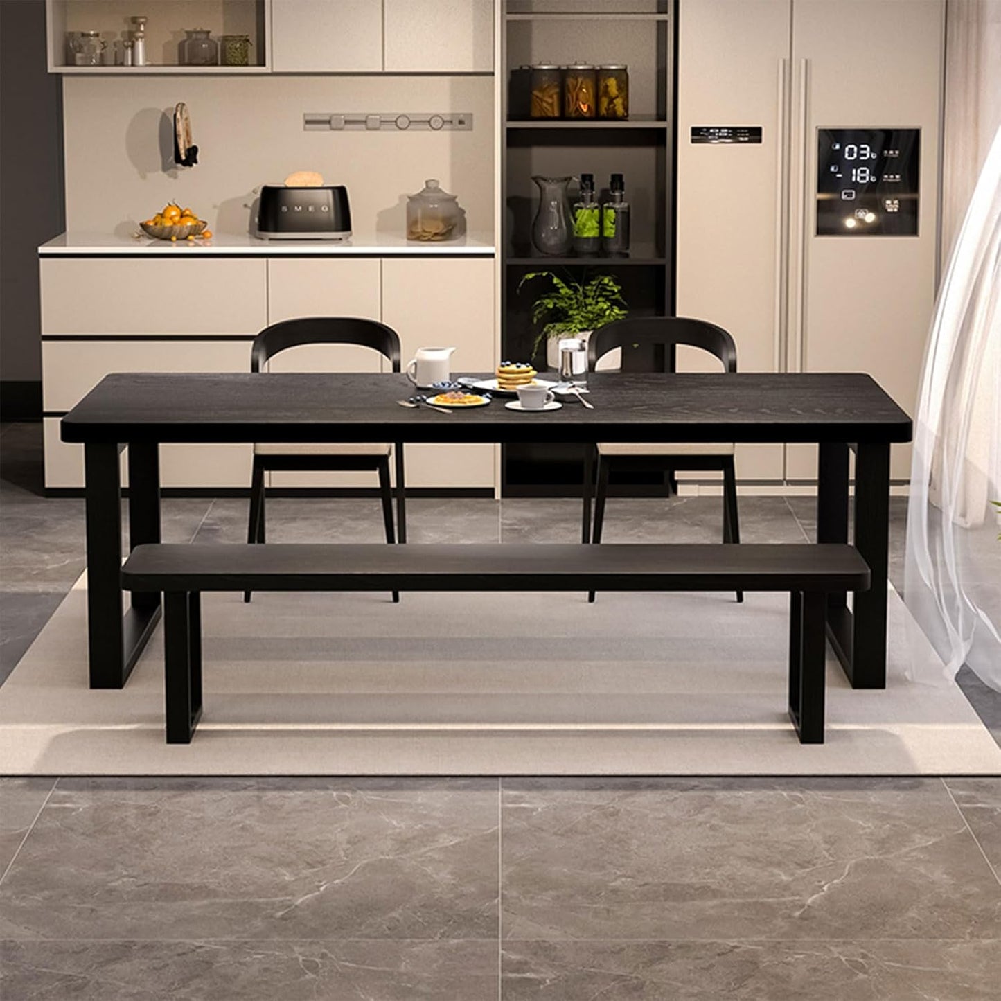 Solid Wood Dining Table for 4-8 People, 63 inch Long Farmhouse Kitchen Dining Table, Rectangular Dining Tables in The Dining Room, Kitchen, and Living Room, Black