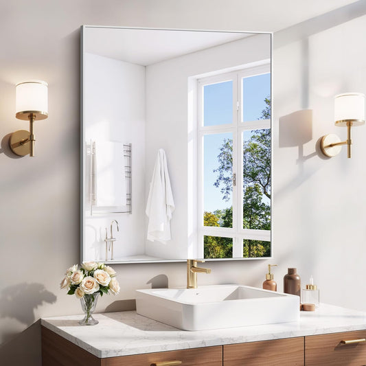 YIROMAN Bathroom Mirror 30"x36", Brushed Silver Bathroom Mirror for Over Sink with Aluminum Frame, Rectangular Vanity Mirror with Right Angles, Wall Mirror Hangs Horizontal or Vertical, Shatterproof