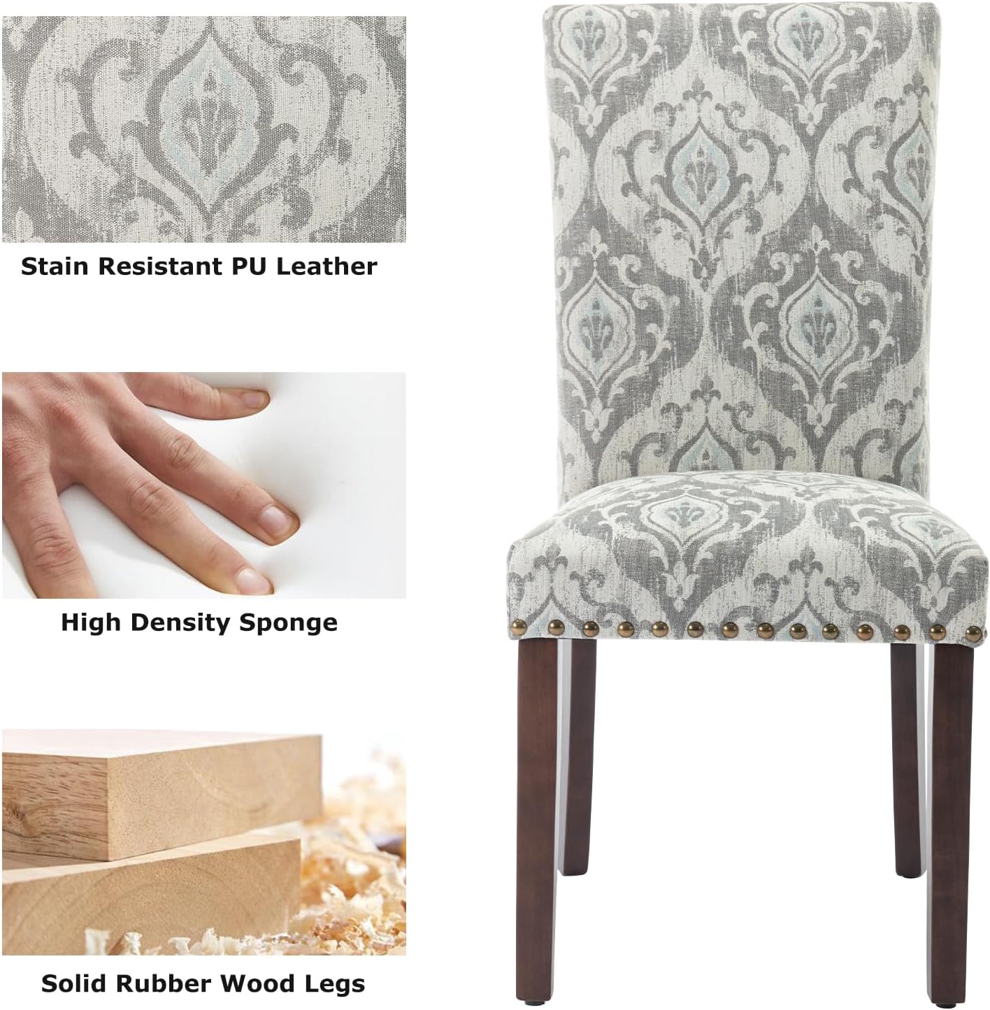 COLAMY Upholstered Parsons Dining Chairs Set of 4, Fabric Dining Room Kitchen Side Chair with Nailhead Trim and Wood Legs - Grey/White Flower