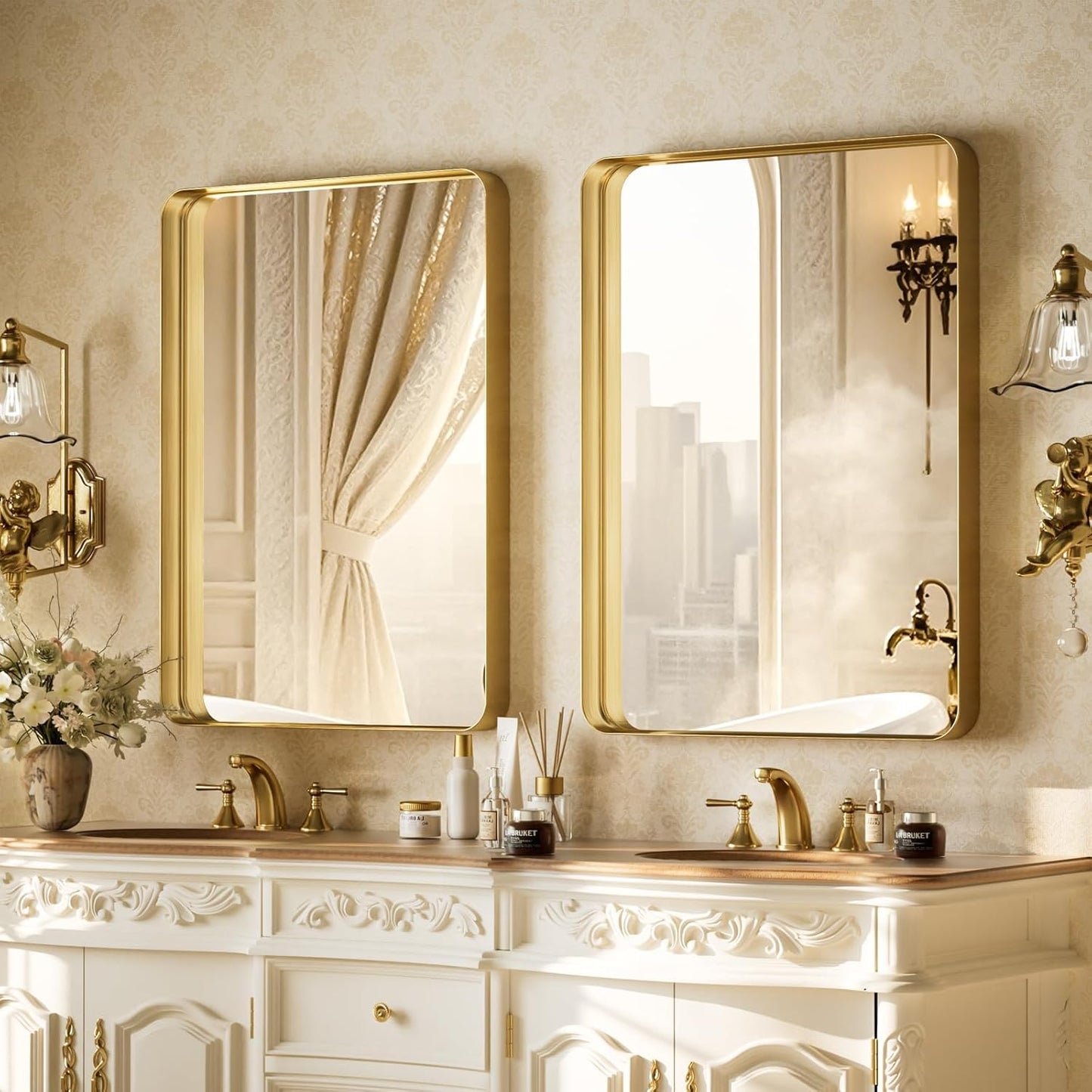 Bathroom Mirror 24x32 inch, Gold Gorgeous Deep Frame Wall Mirror, Modern Round Corner Bathroom Vanity Mirror for Bedroom, Living Room, Hanging or Leaning Horizontal or Vertical, Gold