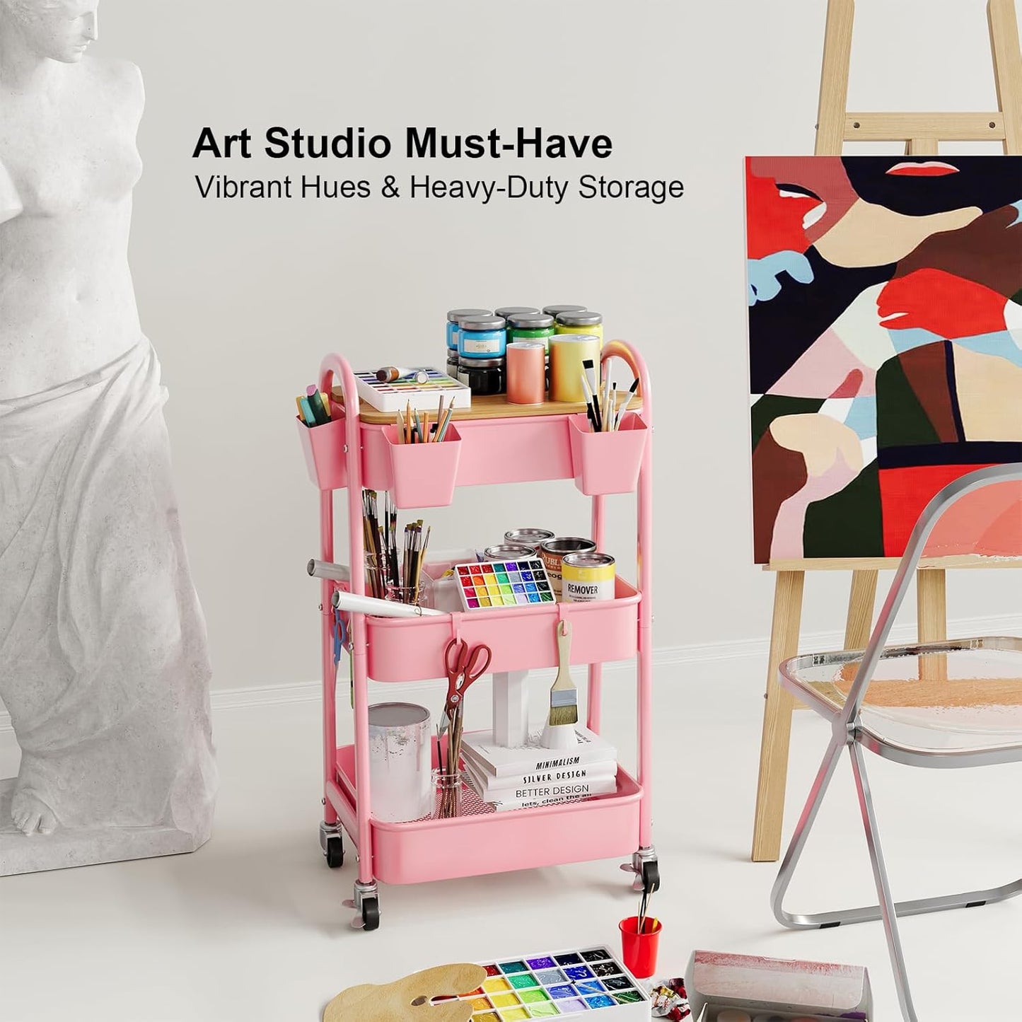 3 Tier Rolling Cart Metal with Wheels & Table Top, Pink Utility Cart with Cups and Hooks, Three Tiered Craft Cart Organizer on Wheels, Storage Carts for Salon, Lash, Hair, Nail, Makeup, Diaper, Book