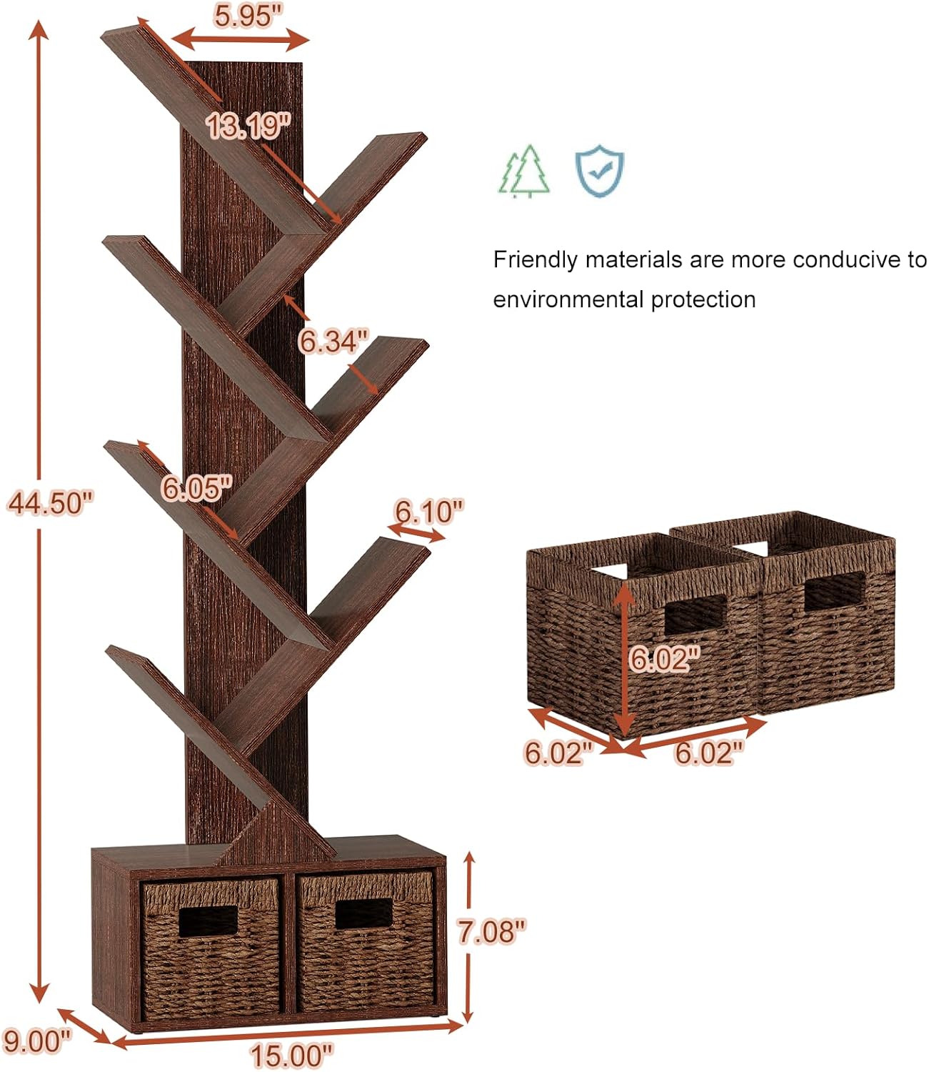 Vagusicc Tree Bookshelf, 6 Tier Bookshelf with Storage, Tall Narrow Bookcase, Rustic Wood Book Storage Rack for CDs/Books, Small Book Organizer Shelves for Bedroom Living Room, Home Office, Brown