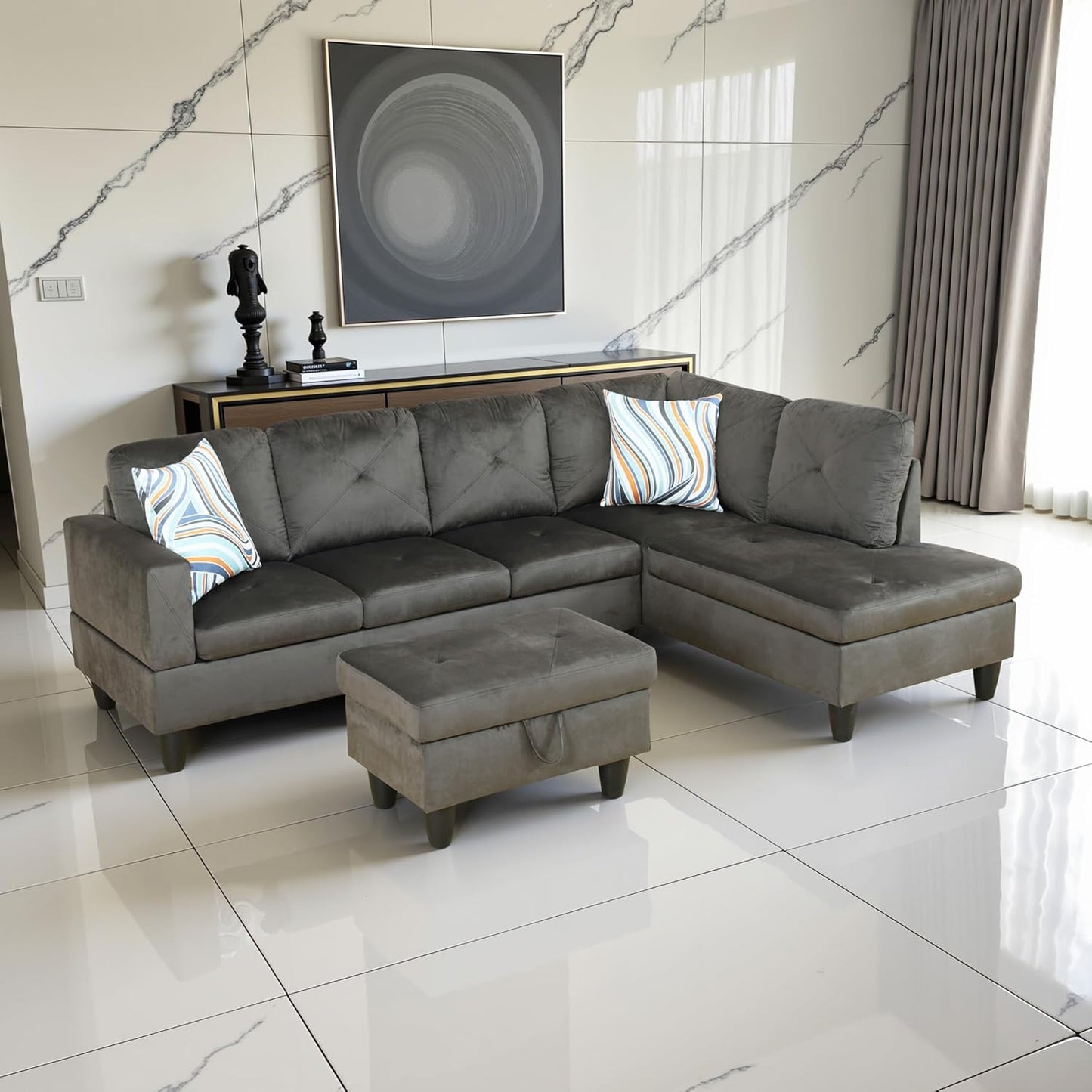 Couches for Living Room Modern L Shaped Couch Comfy Flannel Fabric 3 Pieces Sectional Sofa with Chaise, Ottoman with Storage for Office and Small Apartment, Grey