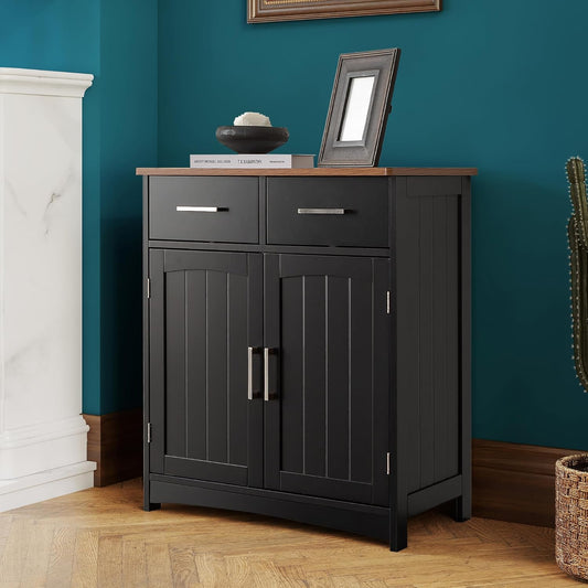 Buffet Cabinet with Storage, Coffee Bar Cabinet 26 x 30 Inches, Oak Top Sideboard Cabinet, Matte Black Finish, Anti-Fall Drawers, Arched Doors, Adjustable Shelves