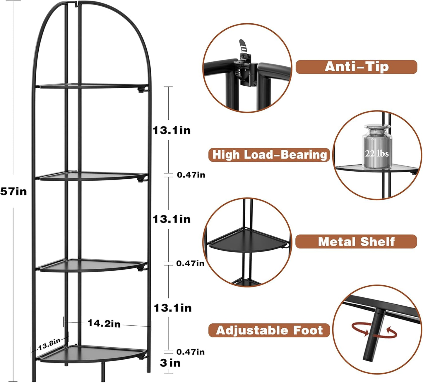 Crofy Foldable 4 Tier Corner Shelf, Metal Corner Plant Stand with Black Frame and Black Shelves, Corner Display Rack Multipurpose Shelving Unit for Living Room, Bedroom, Bathroom