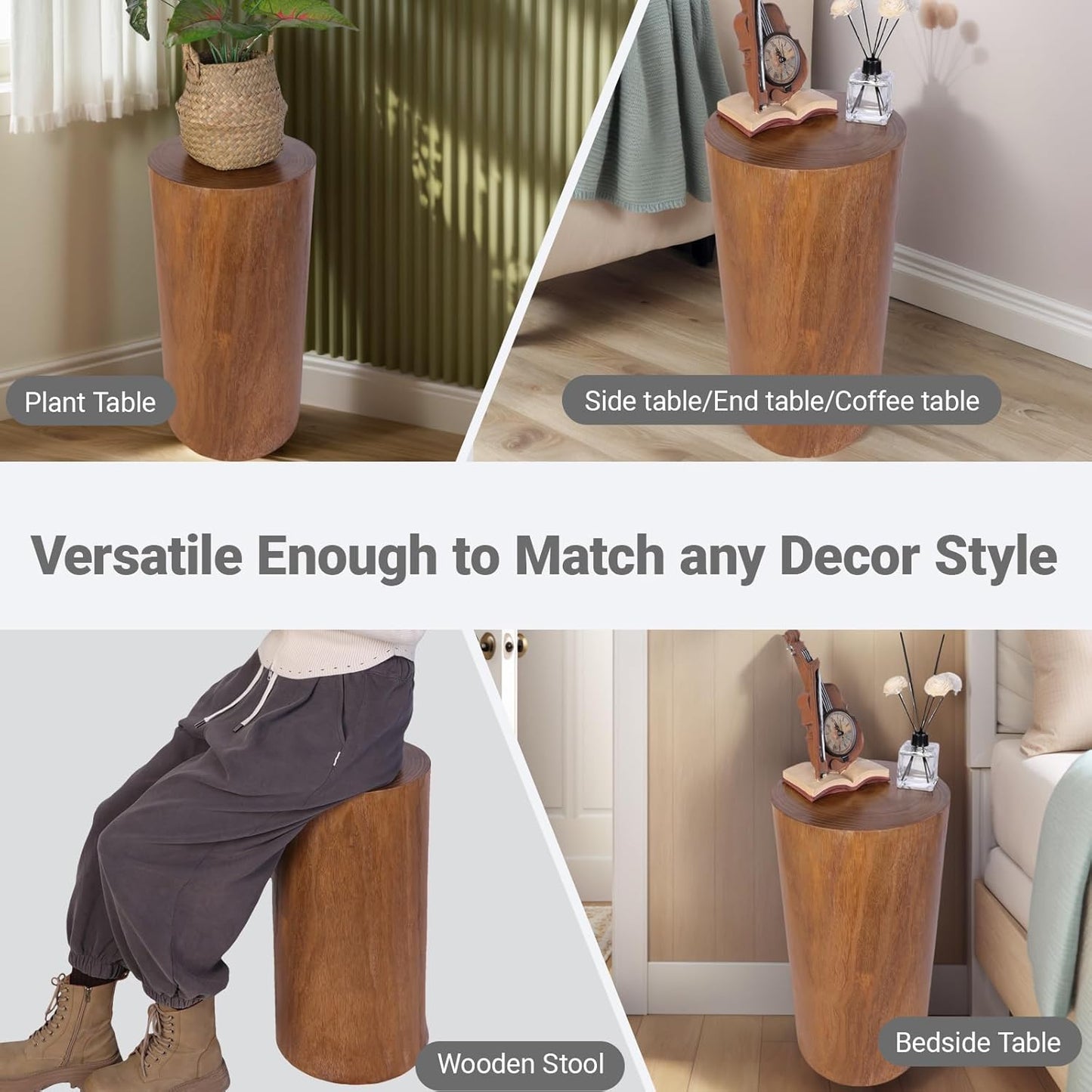 Athaliah Wooden Tree Stump End Table, 23.25" Paulownia Wood Hand Carved Rustic Wood Side Table, Wood Stump for Plant Stand Decor Nightstands Stool Indoor Outdoor