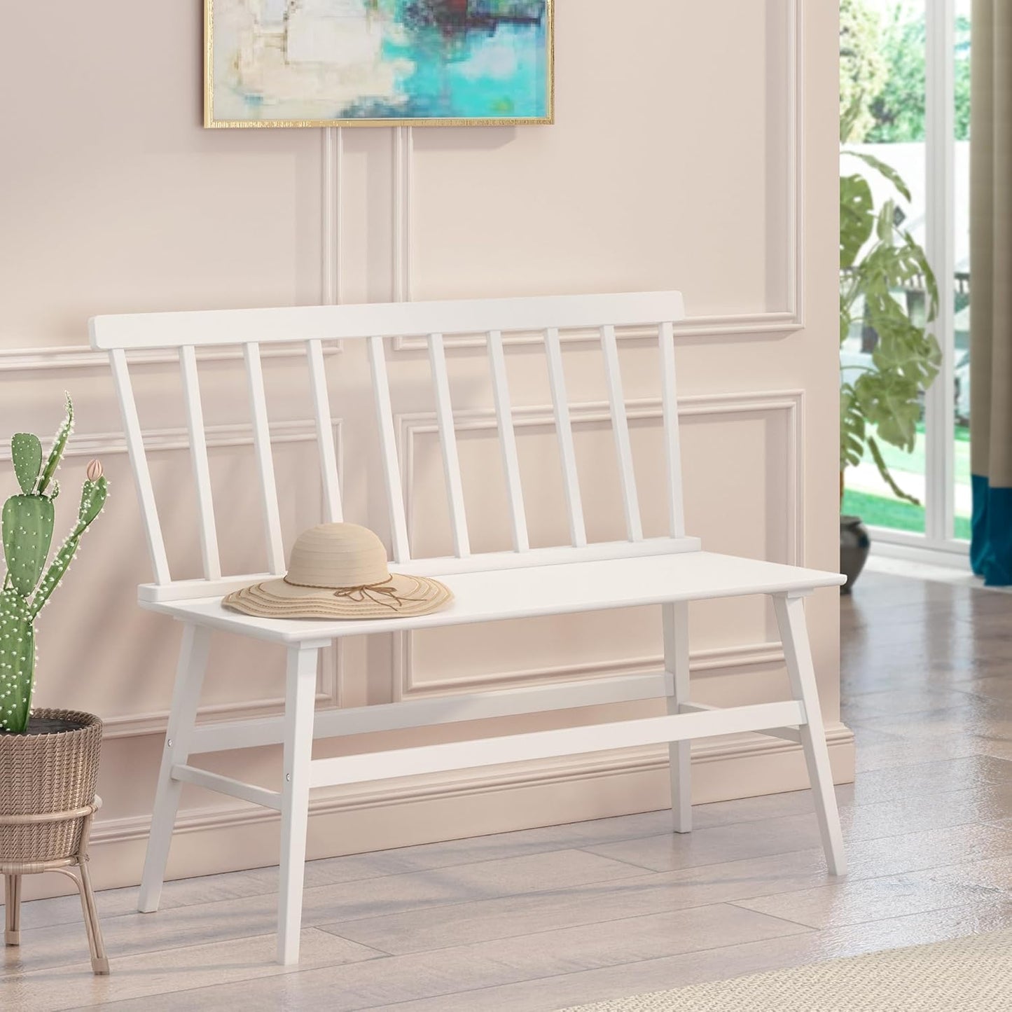 Bamboo Dining Bench, Wooden White Entryway Bench with Spindle Back Farmhouse Wood Windsor for Foyer Balcony Living Room Comfortable Winsor Chair Benches for Home