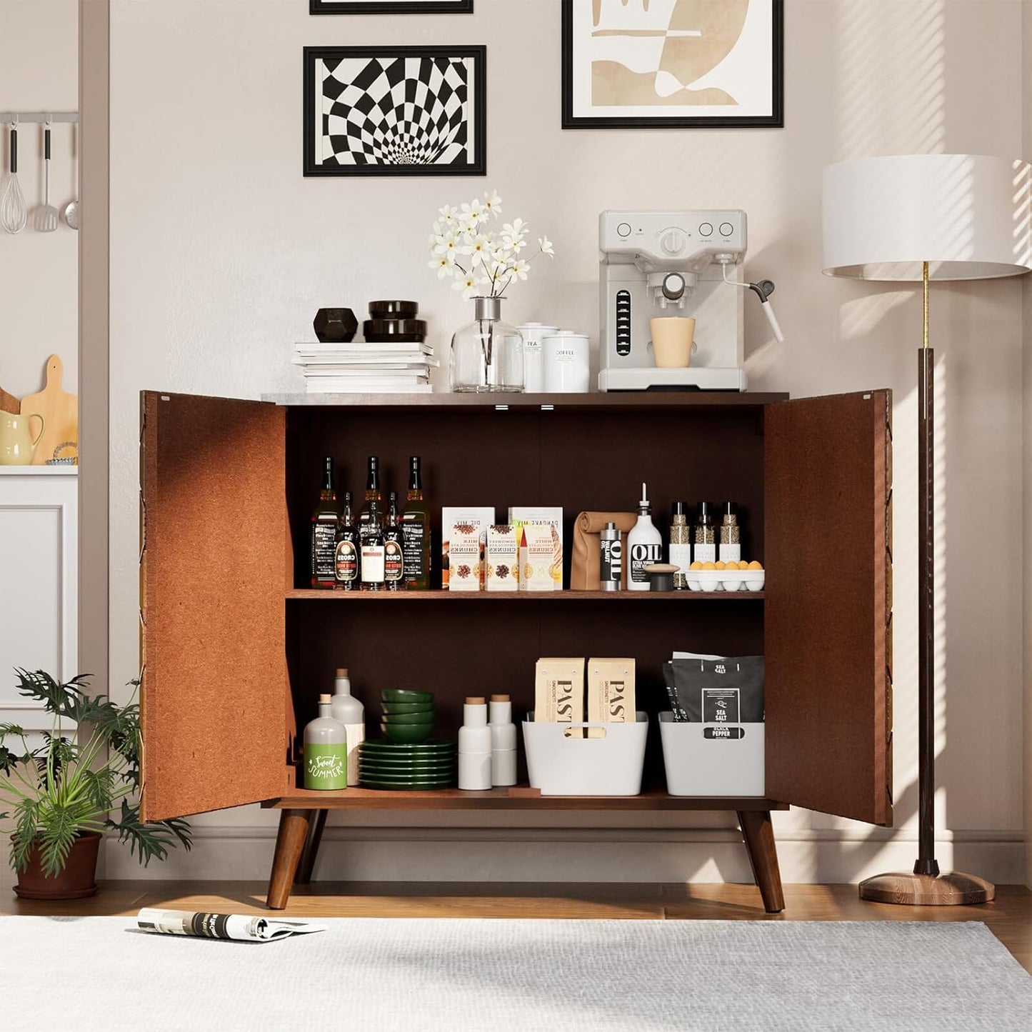 COSIEST 32" Storage Sideboard with Doors, Adjustable Shelf, Decorative Modern Accent Furniture for Living Room, Entryway, Kitchen (Brown, Honeycomb Pattern)