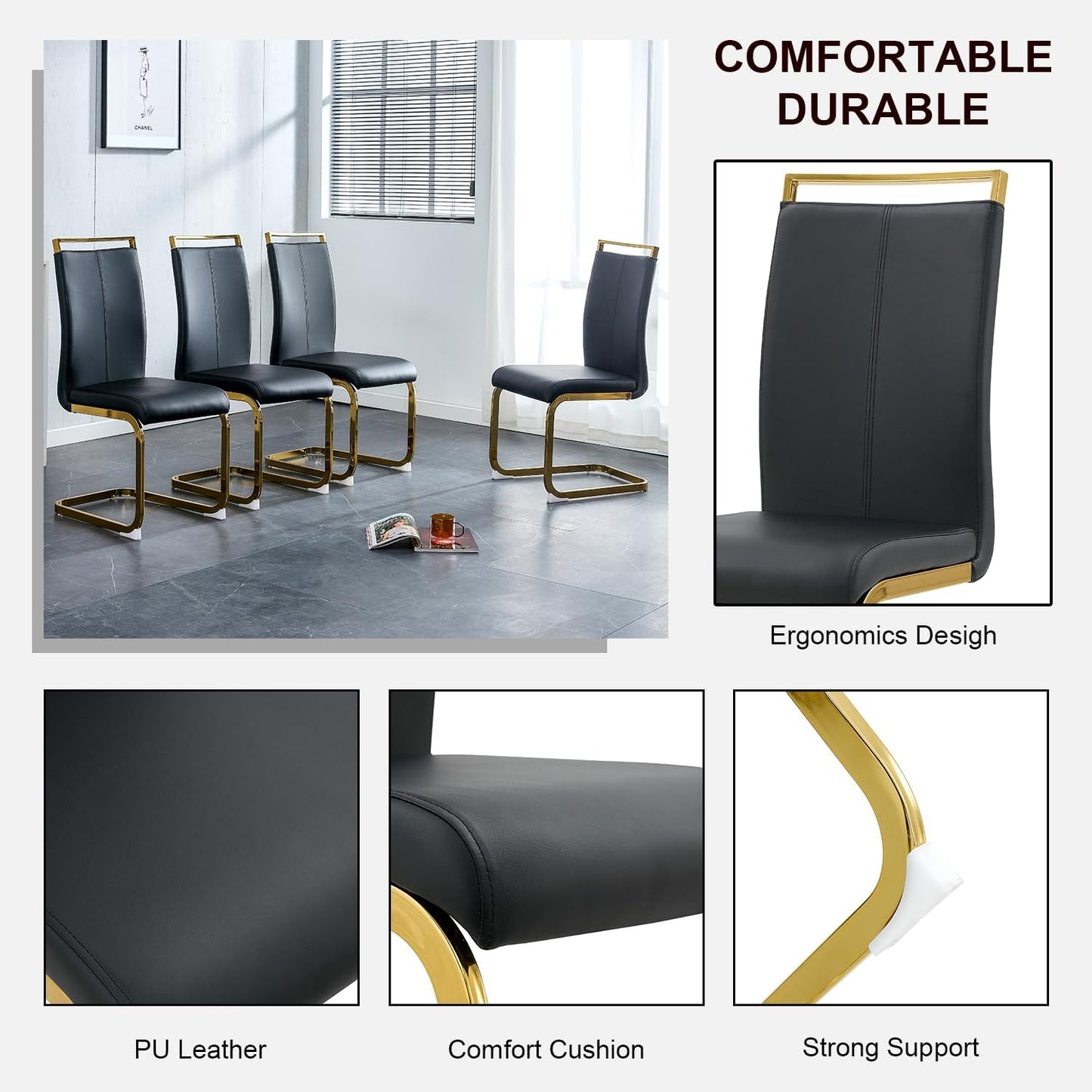 Modern Dining Chairs Set of 6,High Back Black Kitchen Chairs,Faux Leather Side Chair with Gold Plated Metal Legs,Easy to Clean Upholstered Dining Chairs,Ideal for Living Room(Gold Leg)