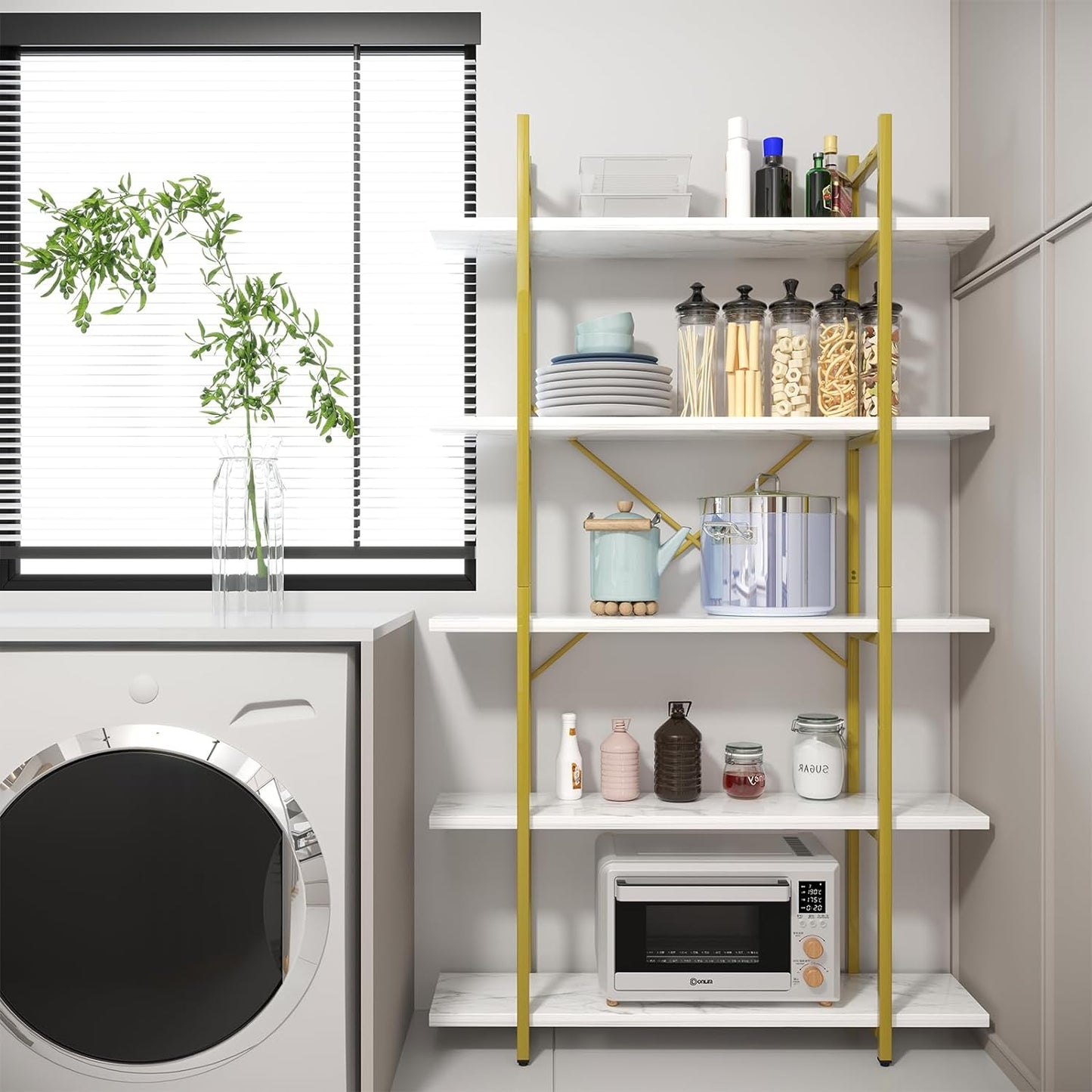 5 Tiers Bookshelf Organizer White Faux Marble Shelf,Modern Open Display Storage Bookcase, and Metal Bookshelf Standing Storage Shelf Tall Shelving Units for Home Office Study