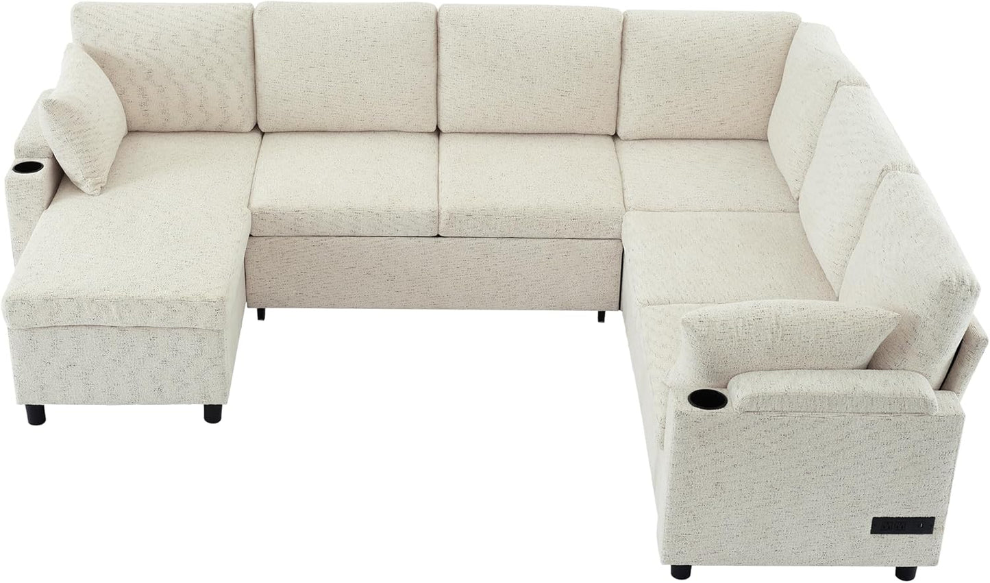 Eafurn Oversized U Shaped Sectional Sleeper Sofabed Pull Out Couch Bed for Living Room 6 Seater Upholstered Convertible Pullout Lounge Sofa Couch w/Storage Chaise, USB Ports for Living Room Apartment