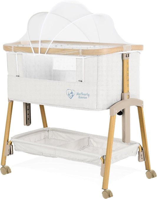 Baby Bassinet Bedside Sleeper, Portable Crib for Newborns, Adjustable 7-Height Auto-Lock, with Wheels, Soft Mattress & Breathable Mesh (White - with Mosquito Net)