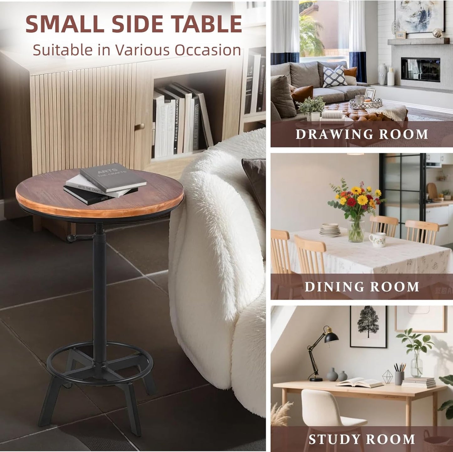 Farmhouse Bar Table 30-35.4inch Height Adjustable Rustic Bistro Pub Table for Kitchen Coffee House Vintage Cocktail Table Swivel Wooden Top