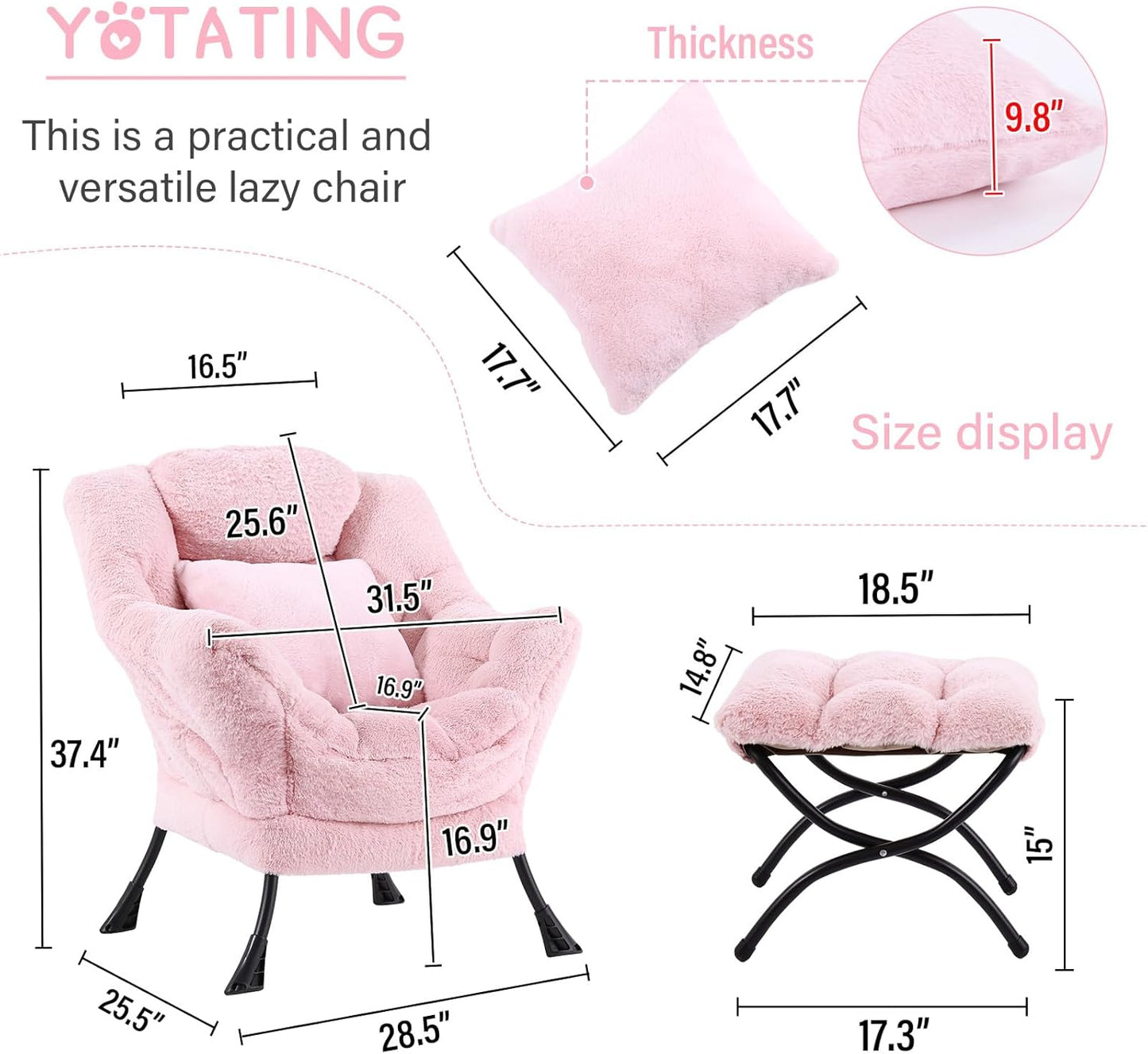 Lazy Chair with Ottoman, Comfy Reading Lounge Chair with Footstool & Throw Pillow Modern with Armrests & Side Pocket for Living Room, Bedroom, Dorm Room, Plush Pink