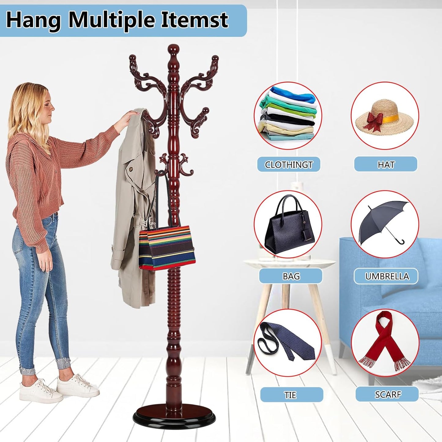 Solid Wood Coat Rack, Coat Racks Free Standing with 14 Hooks, Vintage Coat Rack with Stable Disc Base, Adjustable Height 73 in for Porch, Living Room, Bedroom, Office (Redwood Color)