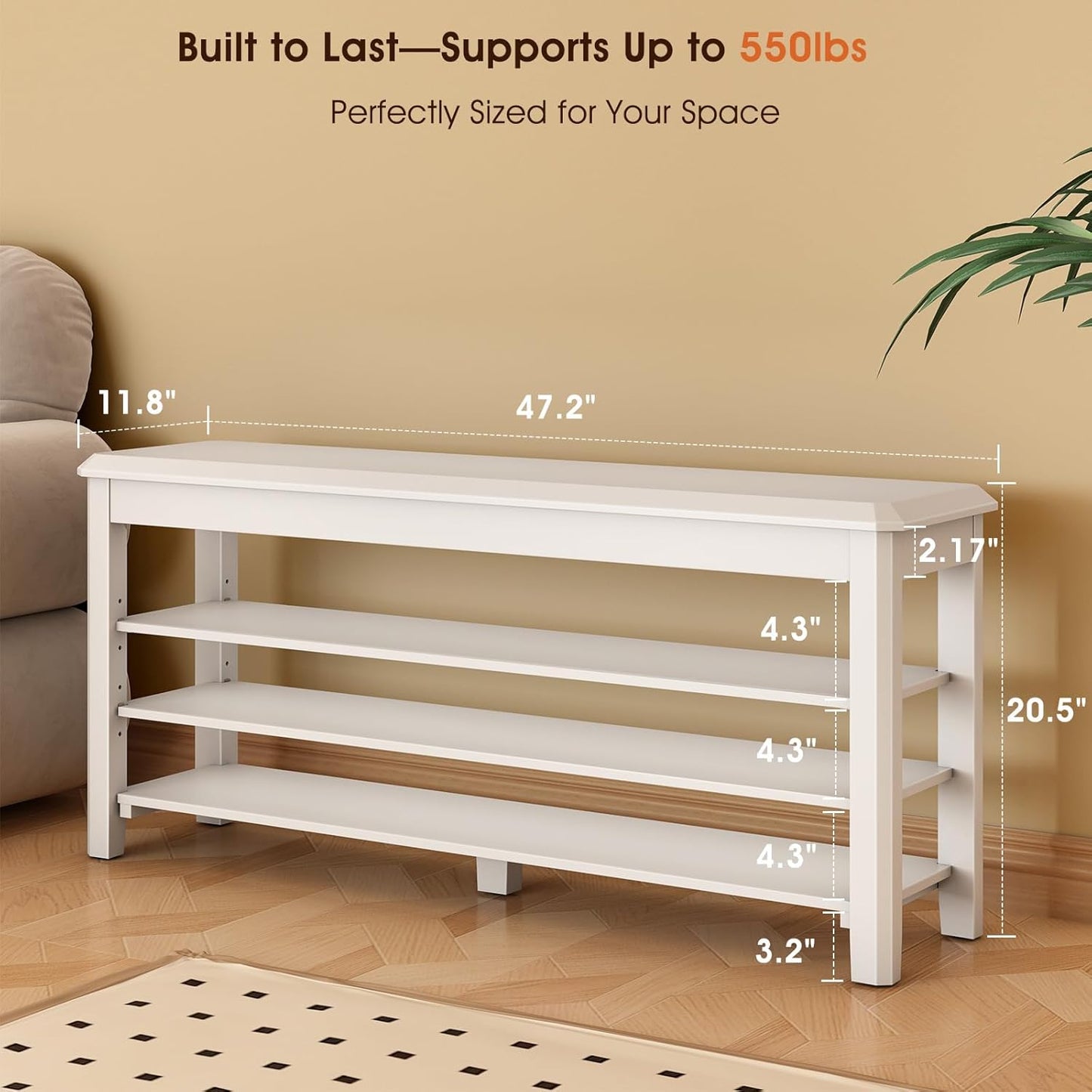 Shoe Rack Bench Seat Rubberwood 3-Tier Wooden Storage Bench 550lbs Compact Mid-Century Modern Design for Entryway, Hallway, Closet, Front Door Entrance, Foyer