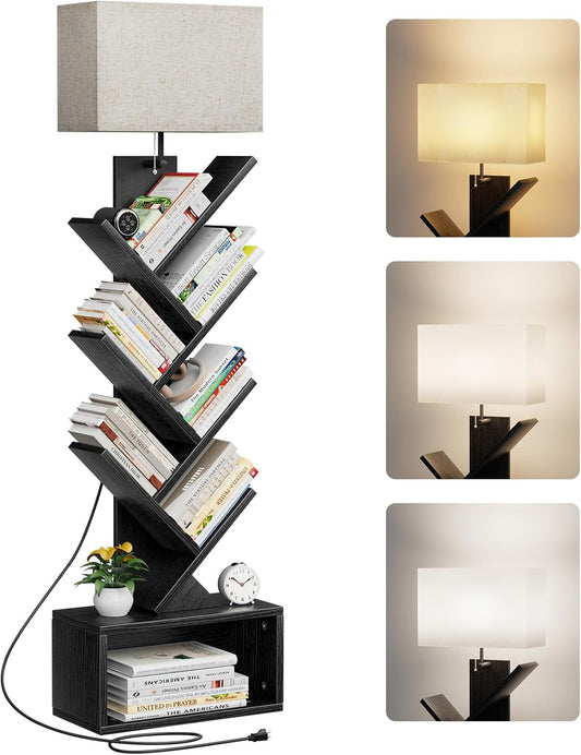 6 Tier Tree Bookshelf with Light, Narrow Bookcase Tower, Tall Floor Standing Book Shelf Organizer with Storage Cabinet for Living Room, Bedroom and Home Office, Black