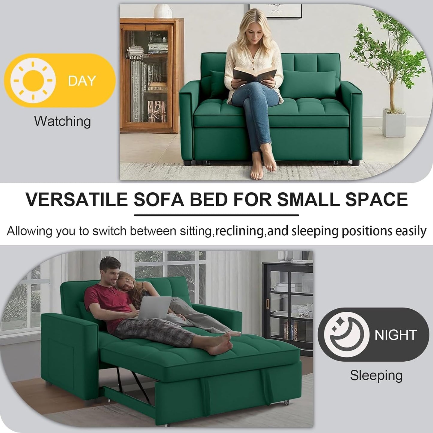 3 in1 Sofa Bed, Pull-Out Sleeper Sofa Bed with 3-Level Adjustable Backrest, Velvet Fabric Convertible Love Seat Sleepers Beds for Living Room & Bedroom & Apartment, Green