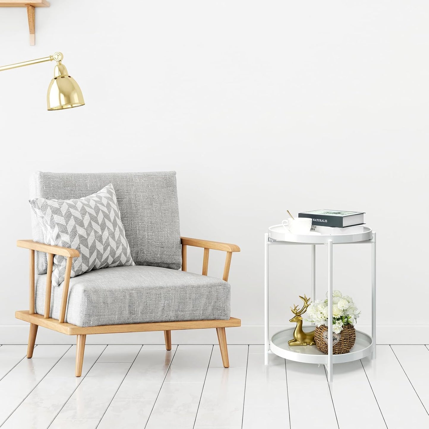 Danpinera 2 Tier Metal Side Table with Removable Tray - Round Accent Table, Anti-Rust White Nightstand for Bedroom, Balcony, Patio