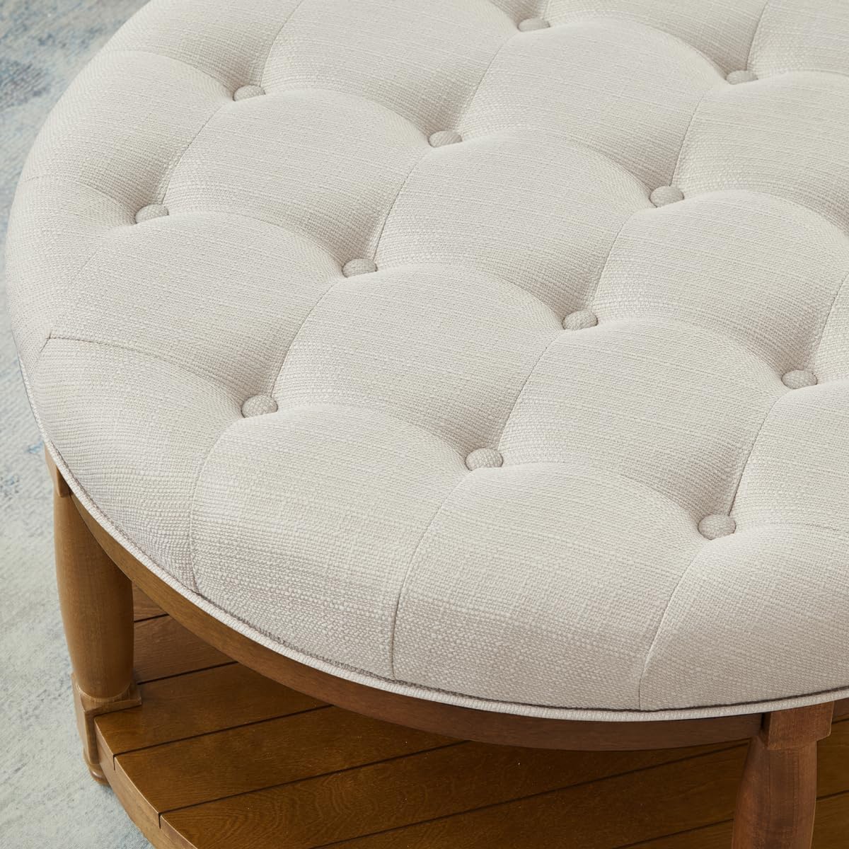 24KF Upholstered Round Coffee Table with Wooden Shelf, Tufted Button Large Round Ottoman with Spindle Wooden Legs, Linen Large Footrest Ottoman Pouf for Living Room, Ivory