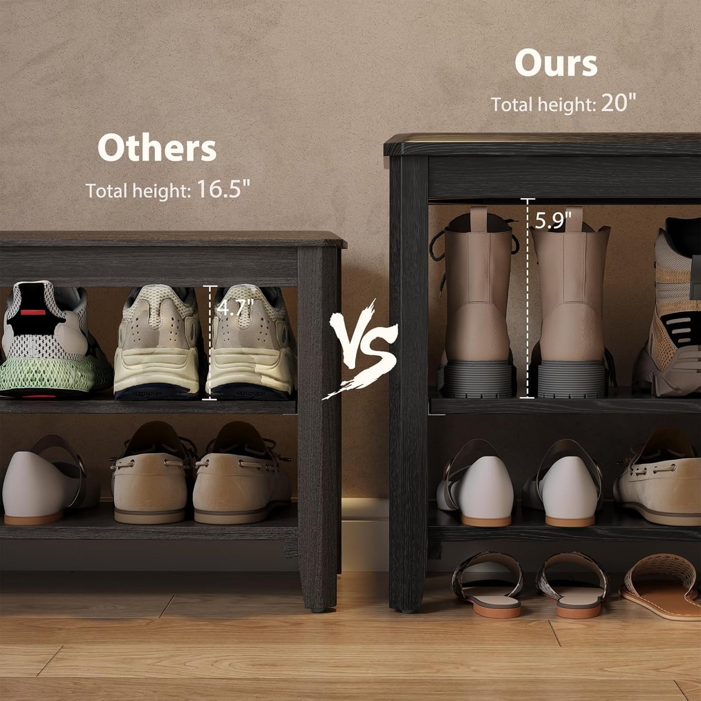 Wood Shoe Rack Bench for Entryway, 2 Tier Shoe Rack for Front Door Entrance, Shoe Bench with Shoe Storage for Entryway, Bedroom, 23.6"